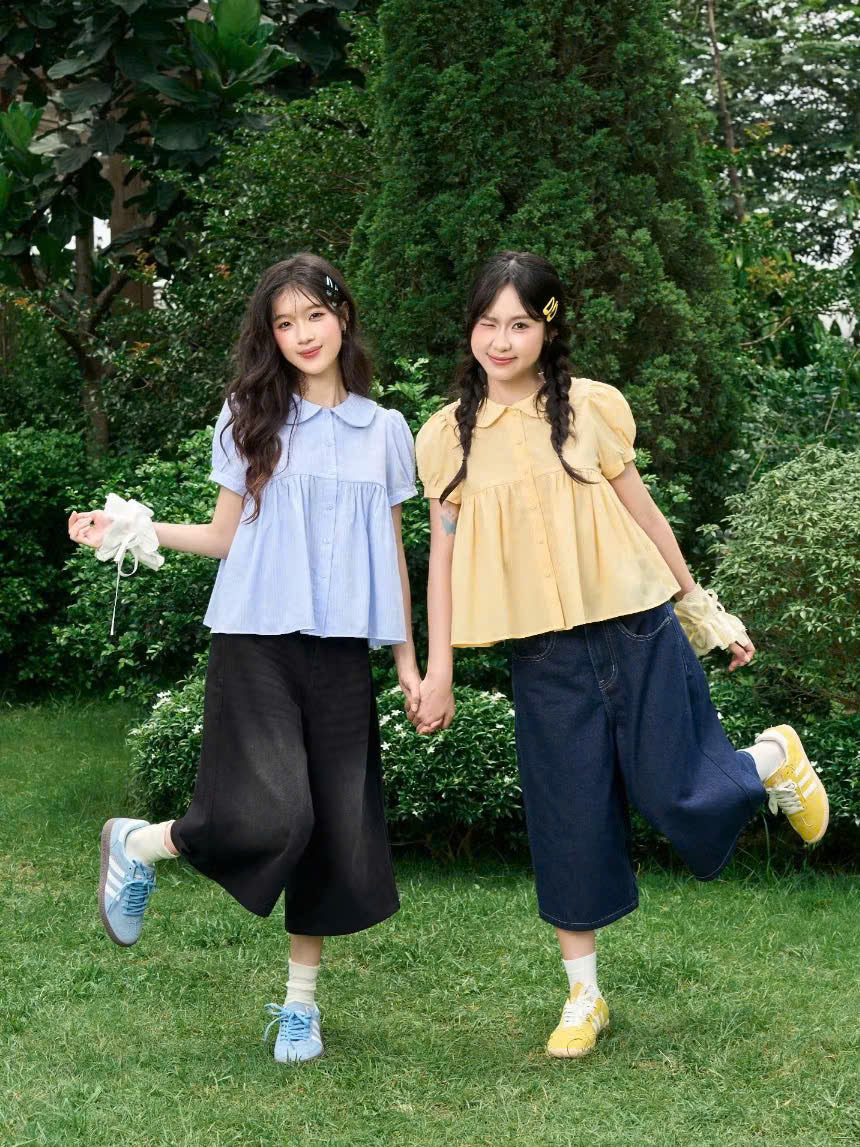 Áo babydoll cổ sơ mi tay bồng kẻ sọc local brand Việt Nam