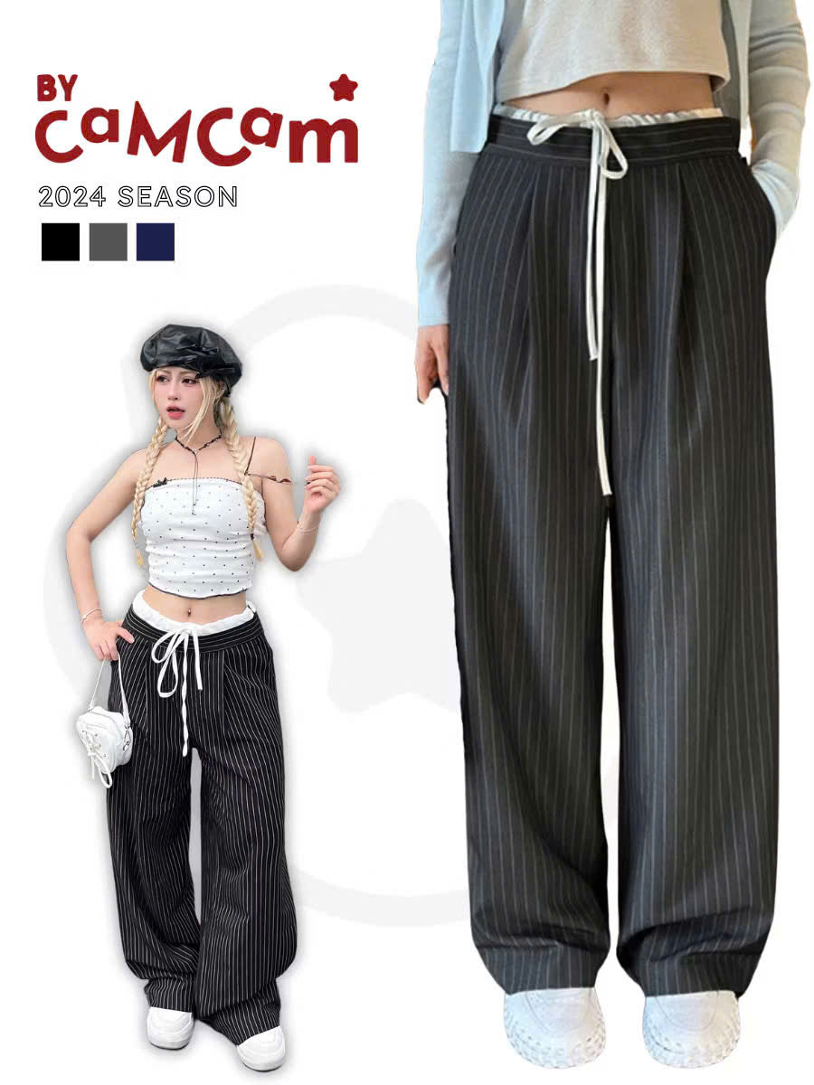 Quần Dài Kẻ Sọc 𝑩𝒚𝒄𝒂𝒎𝒄𝒂𝒎 Phối Cạp Chun Trắng Ống Rộng local brand Việt Nam