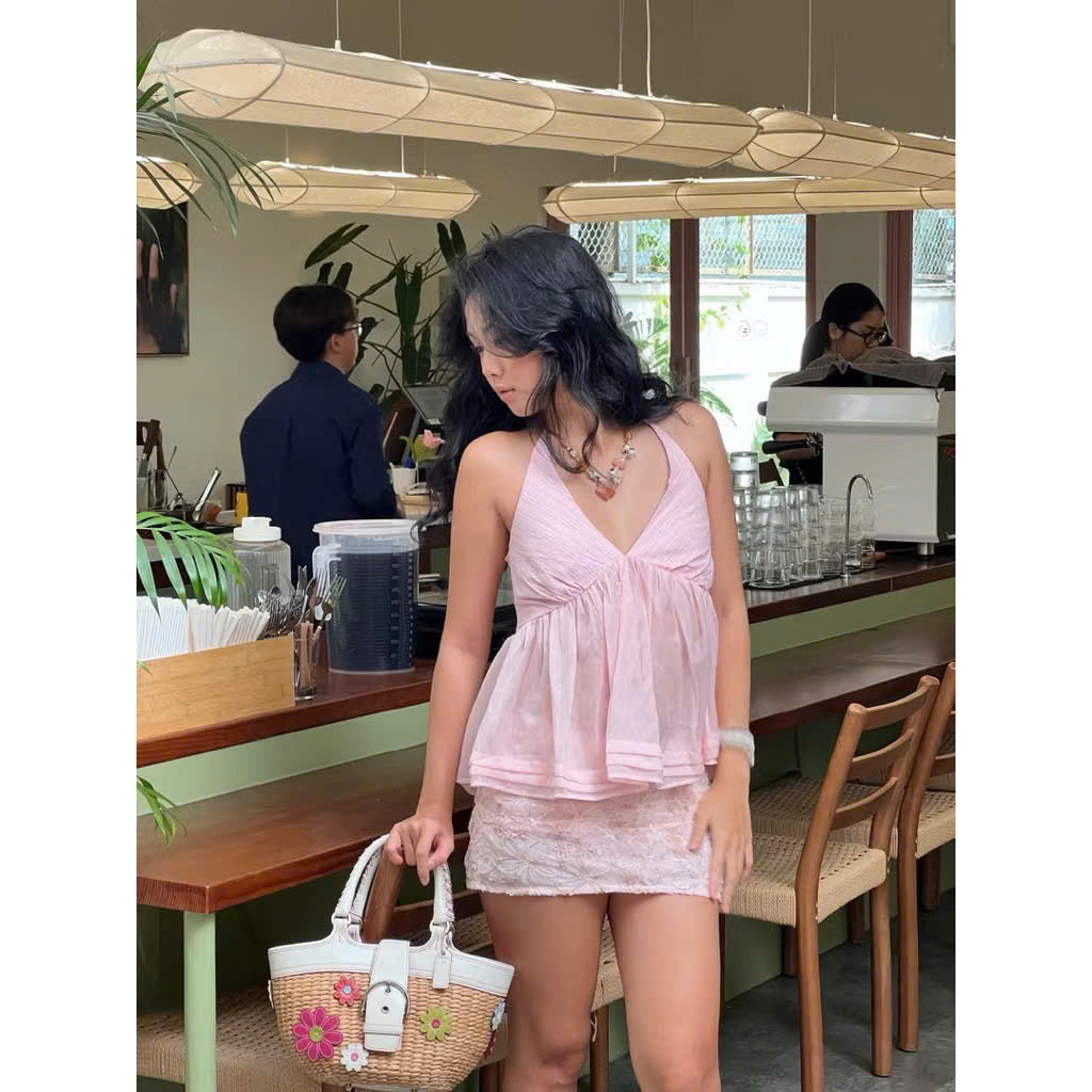Áo yếm babydoll hồng local brand Việt Nam