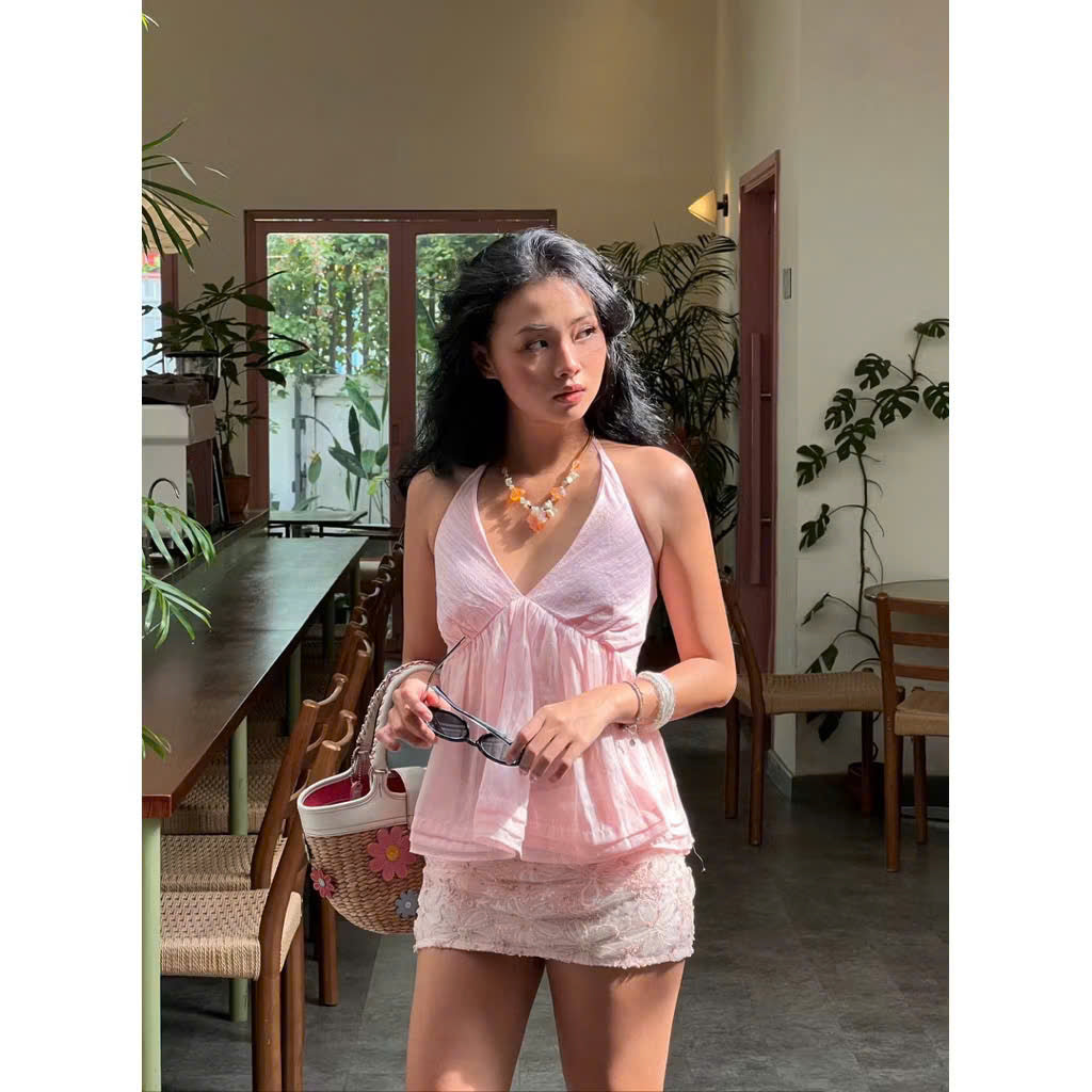Áo yếm babydoll hồng local brand Việt Nam