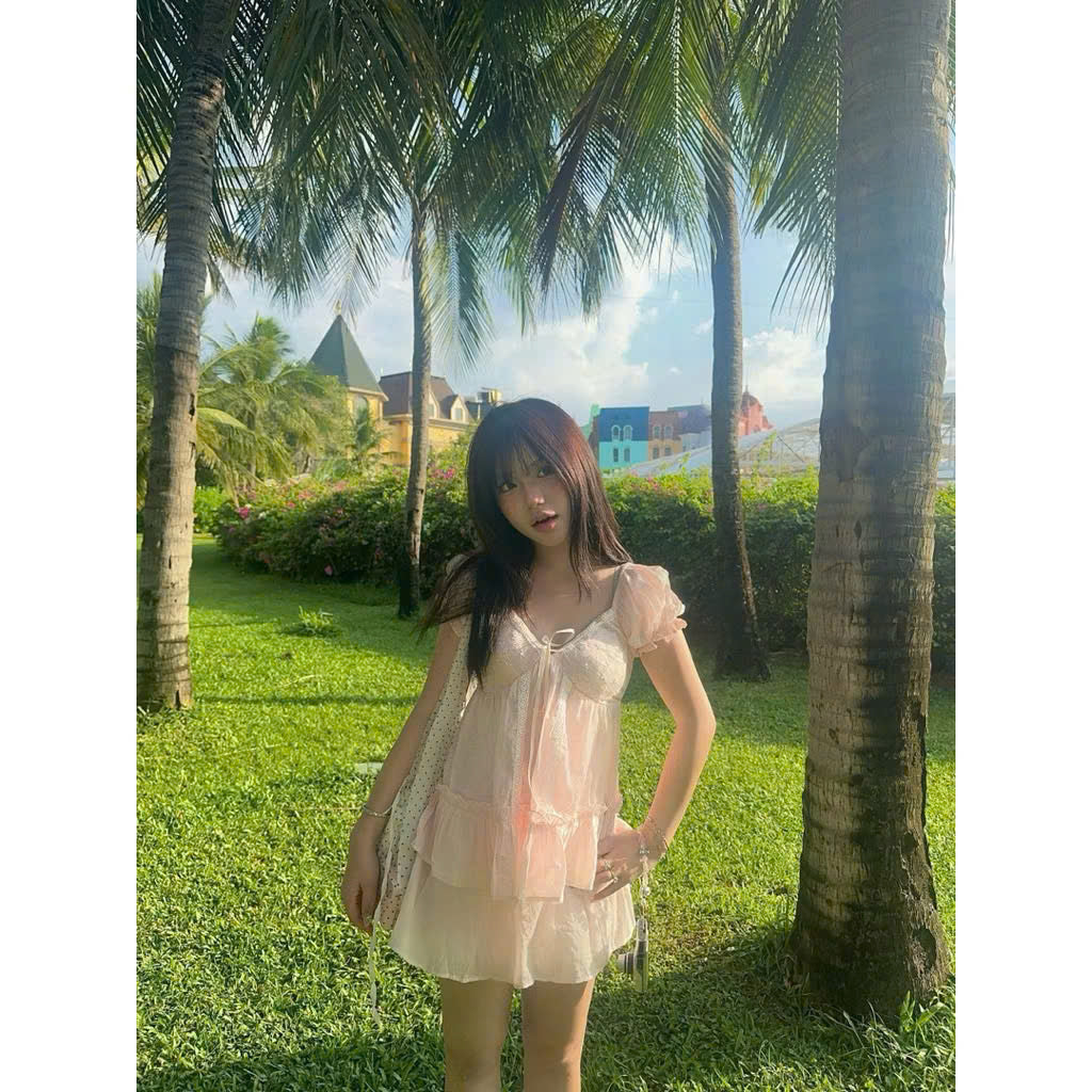 Áo babydoll hồng nhạt cổ V thắt nơ local brand Việt Nam