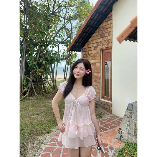 Áo babydoll hồng nhạt cổ V thắt nơ local brand Việt Nam