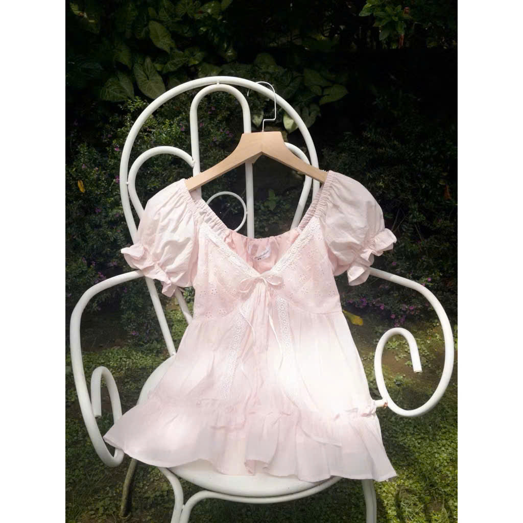 Áo babydoll hồng nhạt cổ V thắt nơ local brand Việt Nam