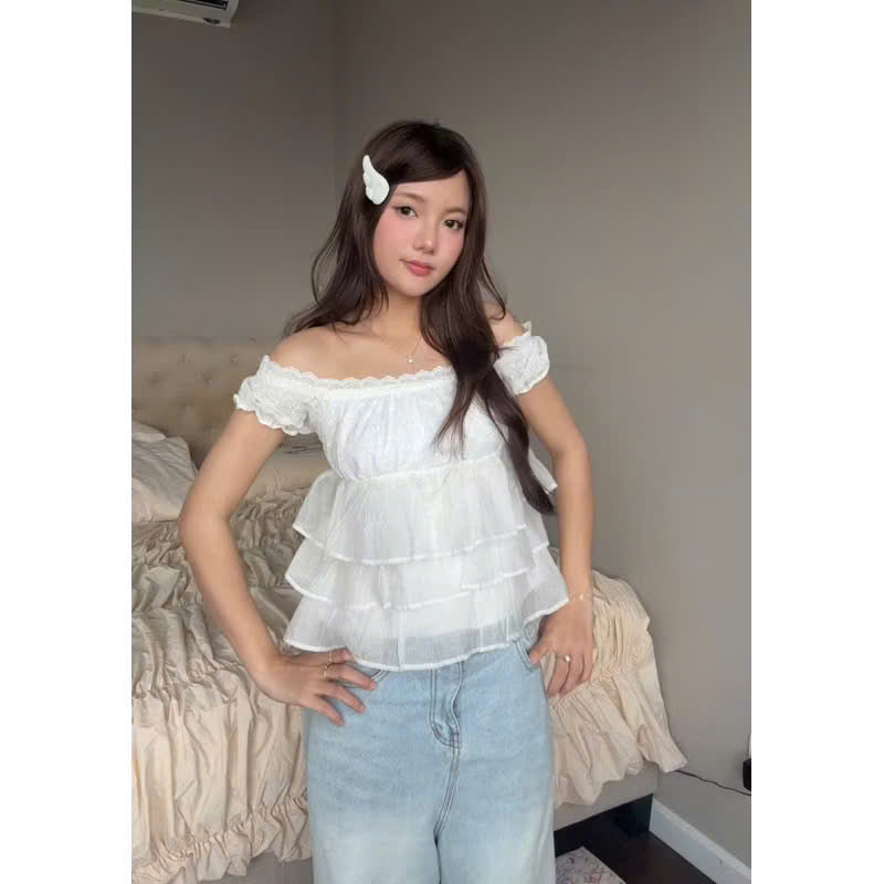 Áo trễ vai babydoll tầng voan ren local brand Việt Nam