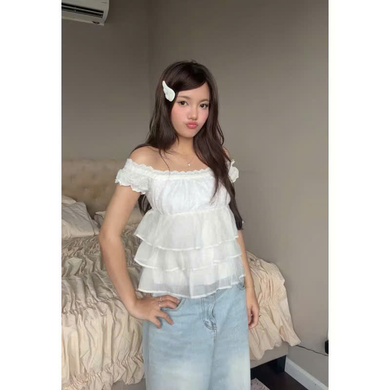 Áo trễ vai babydoll tầng voan ren local brand Việt Nam