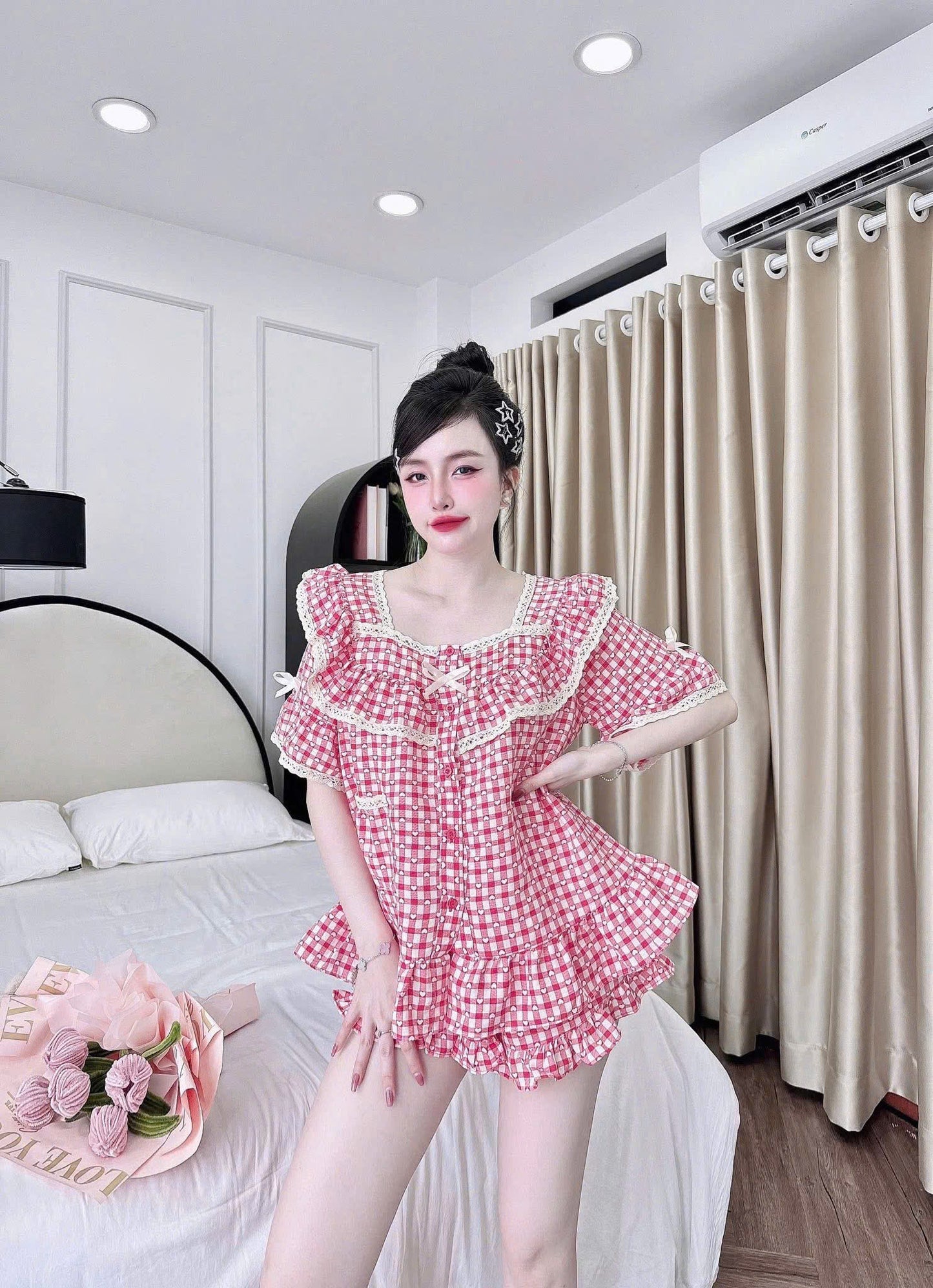 Bộ ngủ đùi caro tiểu thư phối bèo mới