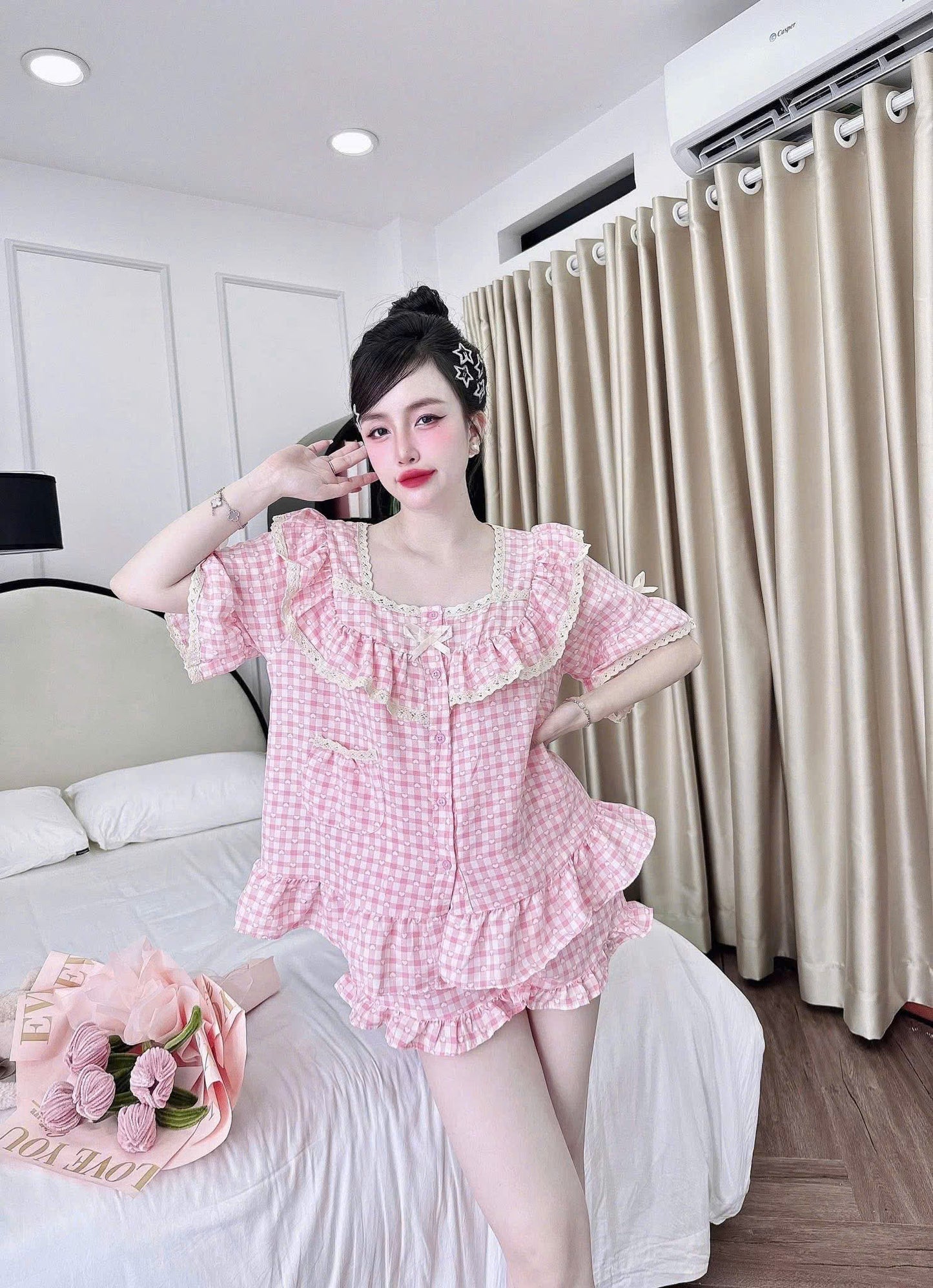 Bộ ngủ đùi caro tiểu thư phối bèo mới