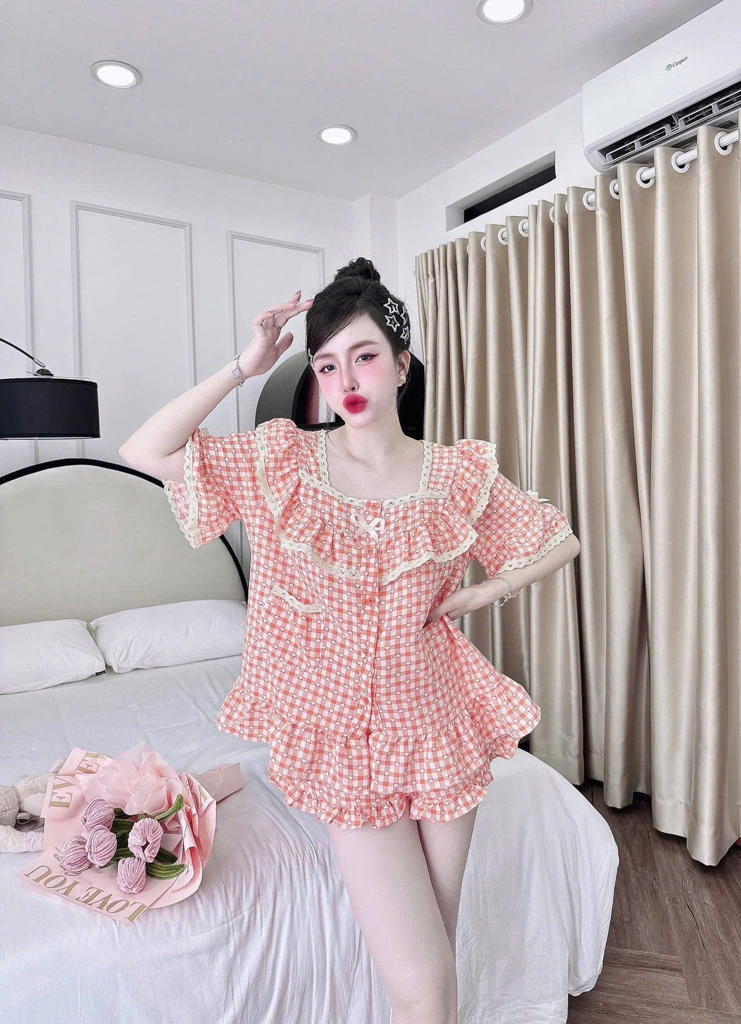 Bộ ngủ đùi caro tiểu thư phối bèo mới