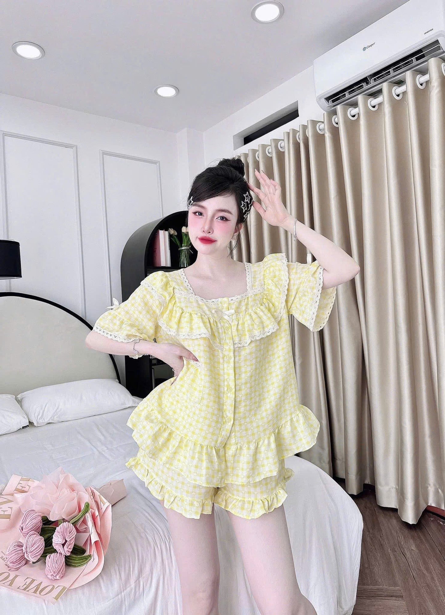 Bộ ngủ đùi caro tiểu thư phối bèo mới