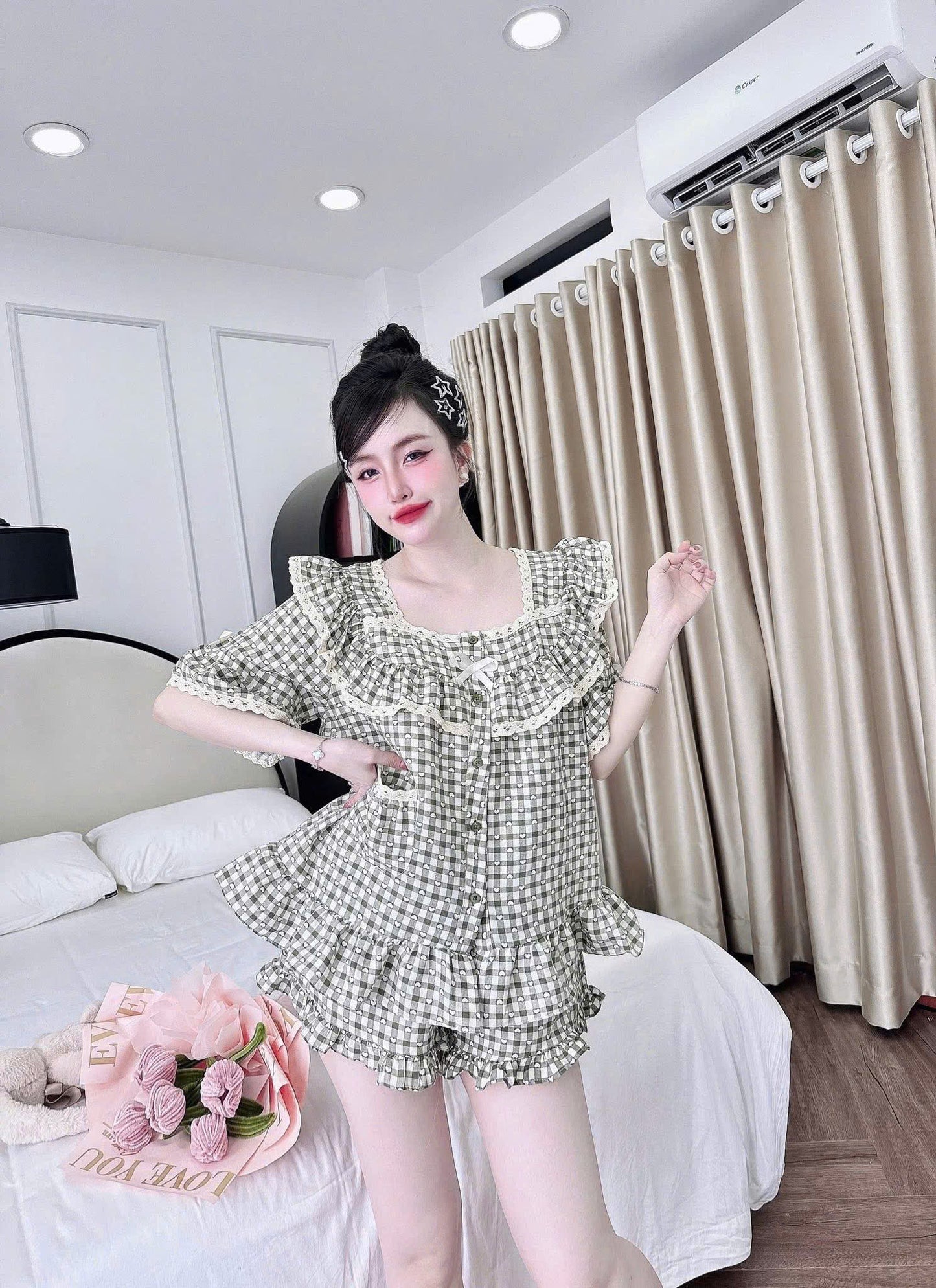 Bộ ngủ đùi caro tiểu thư phối bèo mới