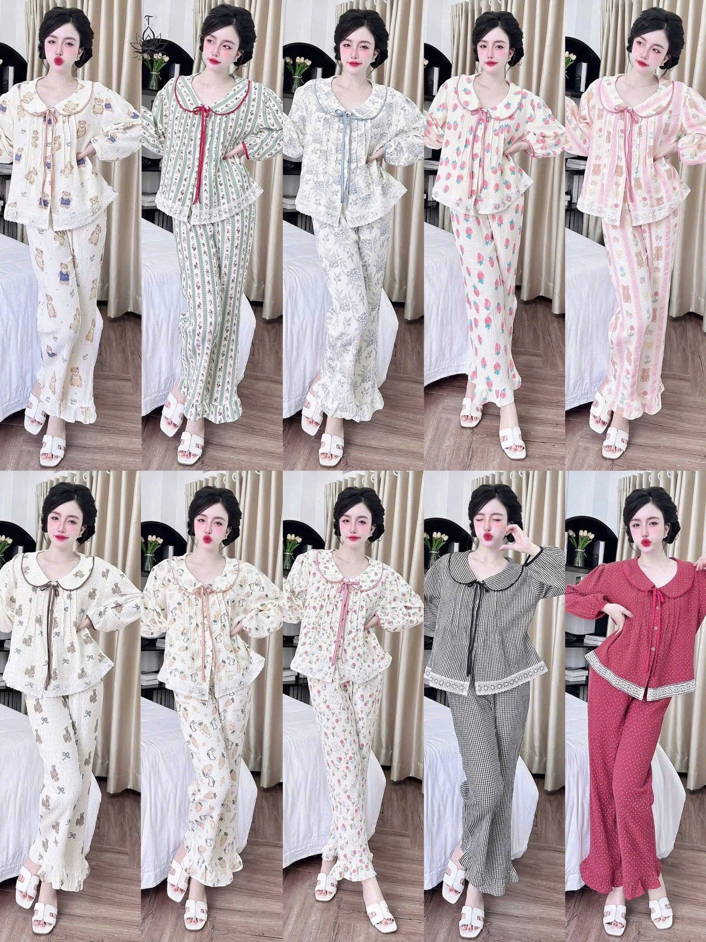 Bộ ngủ tay dài quần dài tiểu thư phối ren cực xinh