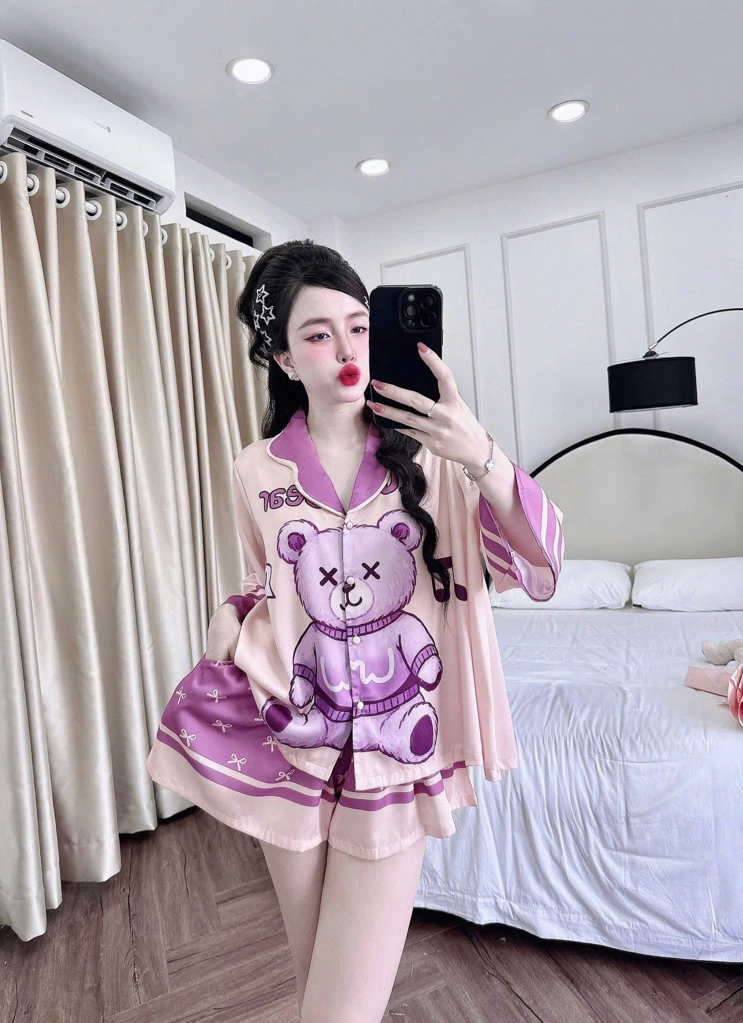 Bộ ngủ đùi giả váy tay lỡ cổ bướm thiết kế dưới 68kg
