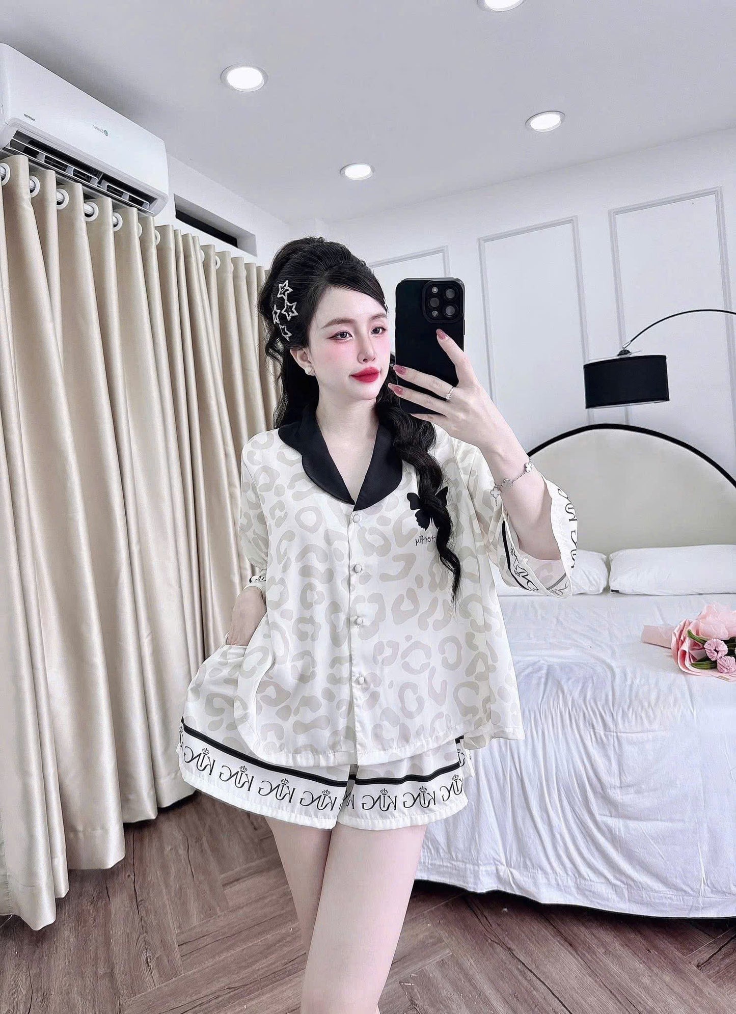 Bộ ngủ đùi giả váy tay lỡ cổ bướm thiết kế dưới 68kg