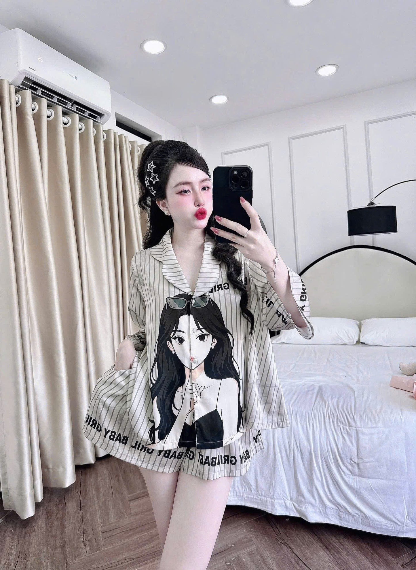 Bộ ngủ đùi giả váy tay lỡ cổ bướm thiết kế dưới 68kg