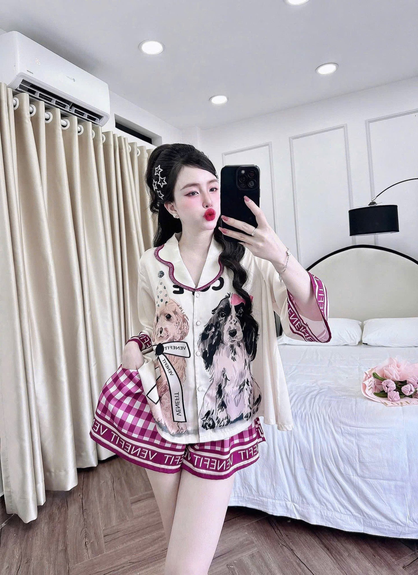 Bộ ngủ đùi giả váy tay lỡ cổ bướm thiết kế dưới 68kg