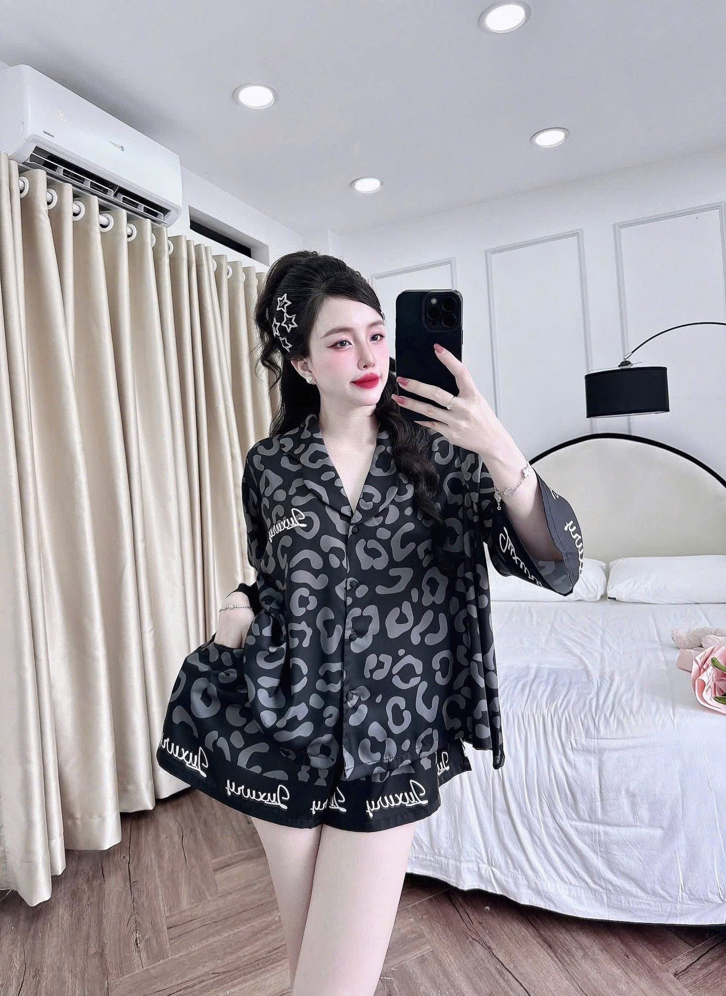 Bộ ngủ đùi giả váy tay lỡ cổ bướm thiết kế dưới 68kg