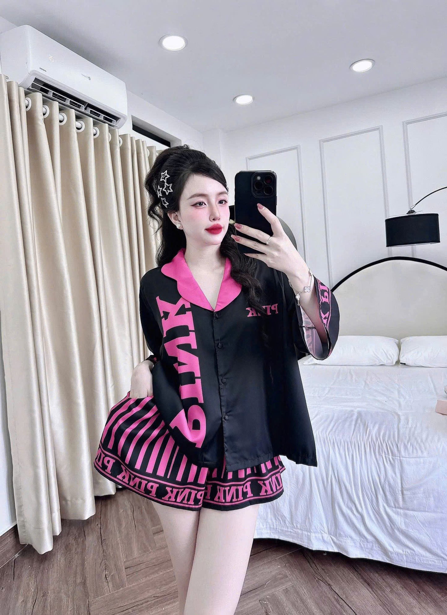 Bộ ngủ đùi giả váy tay lỡ cổ bướm thiết kế dưới 68kg