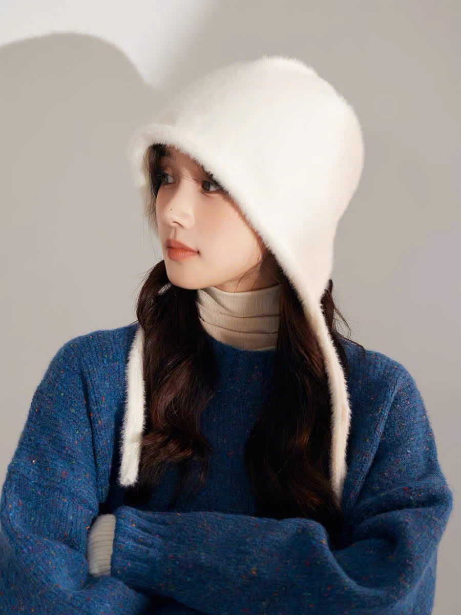 Mũ len trùm đầu cột dây dễ thương