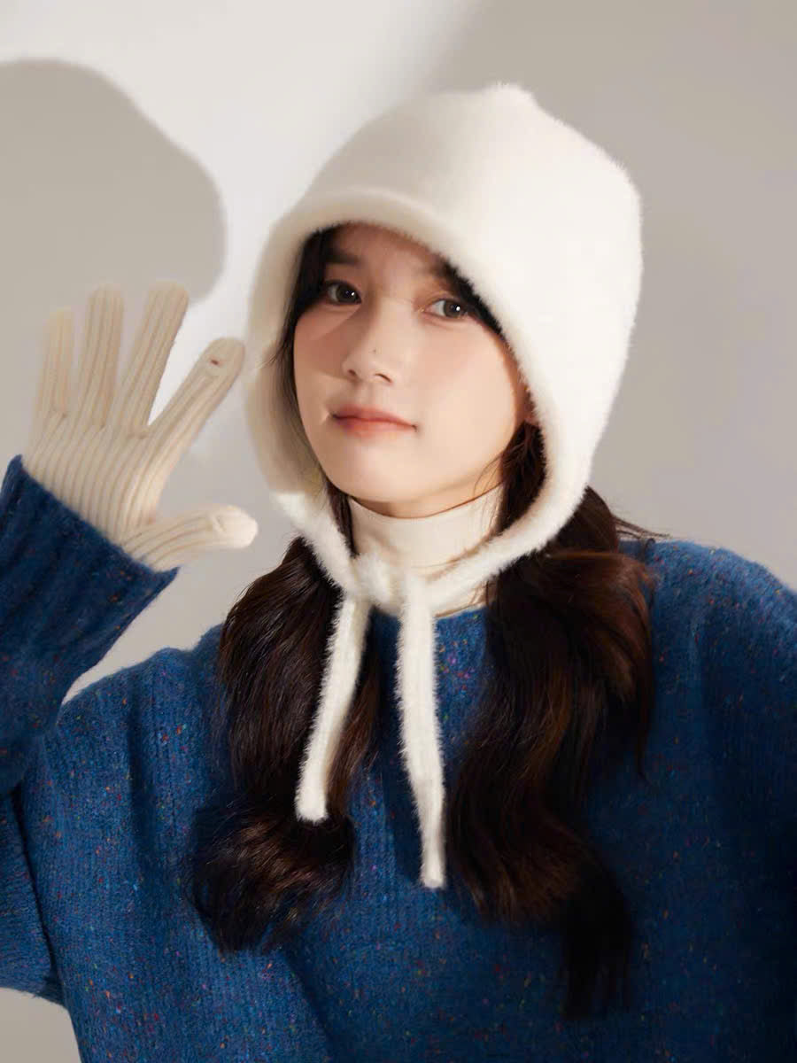Mũ len trùm đầu cột dây dễ thương