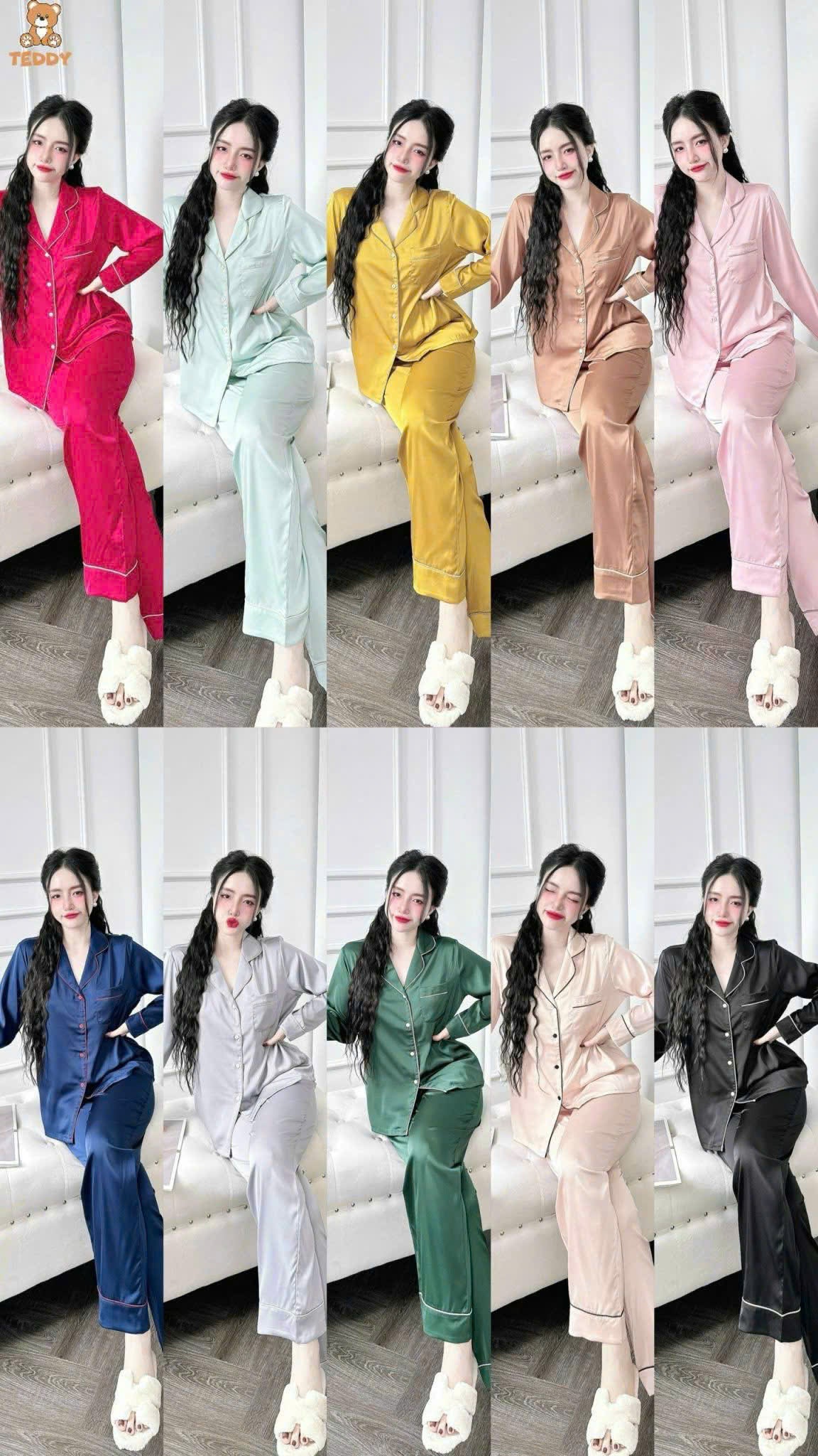 Bộ ngủ tay dài trơn Teddy viền lụa cao cấp