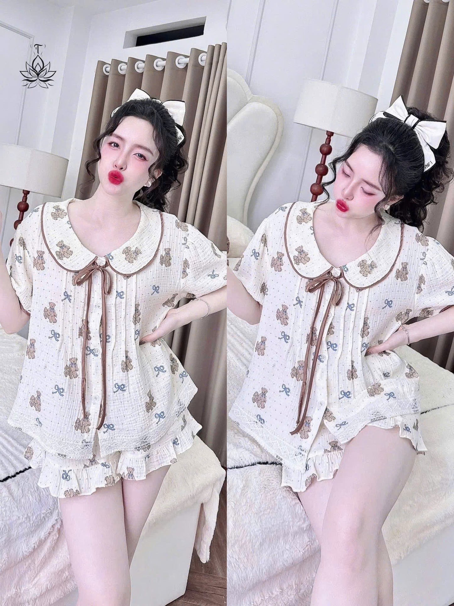 Bộ ngủ đùi cổ sen cột nơ dưới 60kg