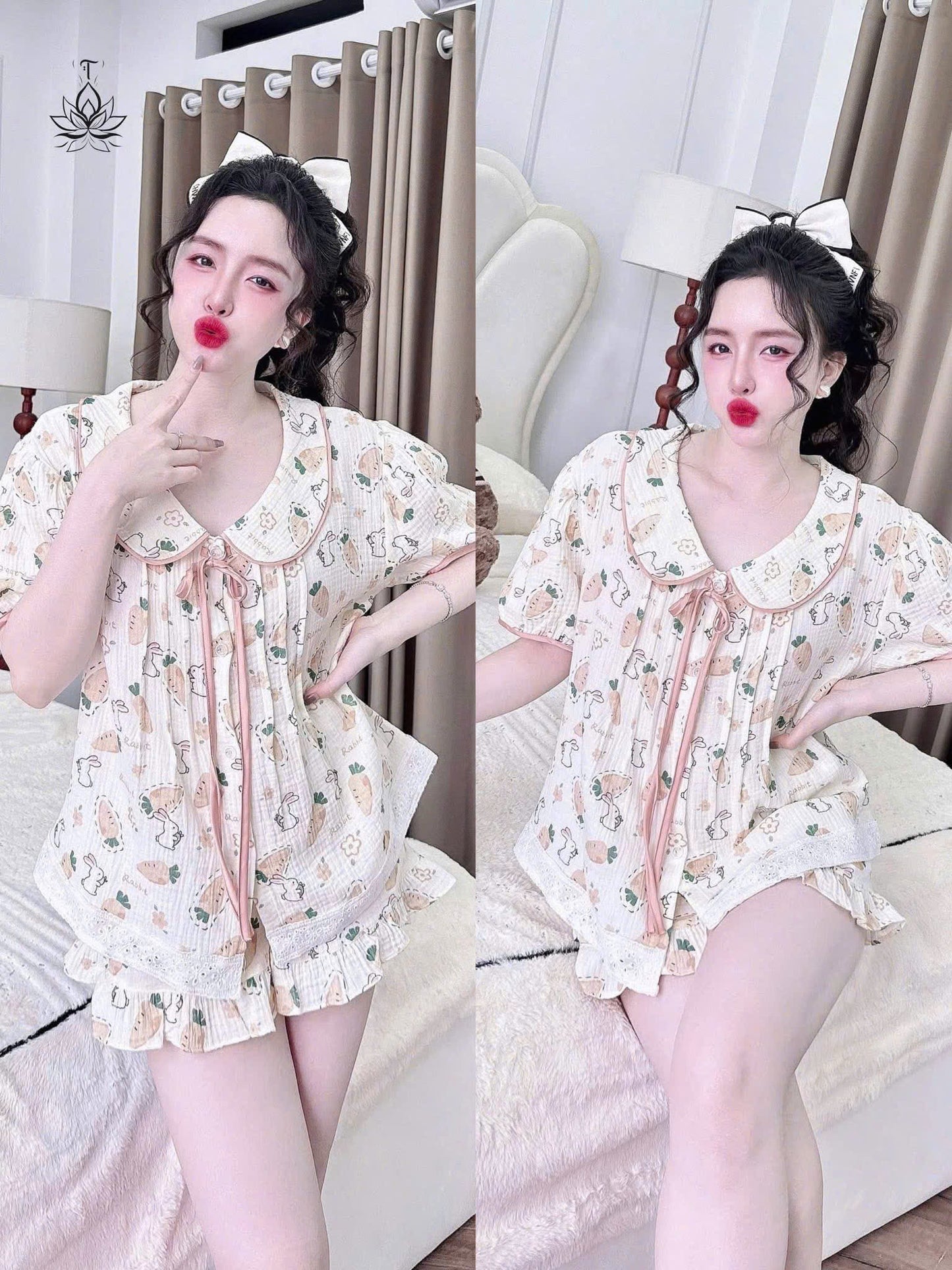 Bộ ngủ đùi cổ sen cột nơ dưới 60kg