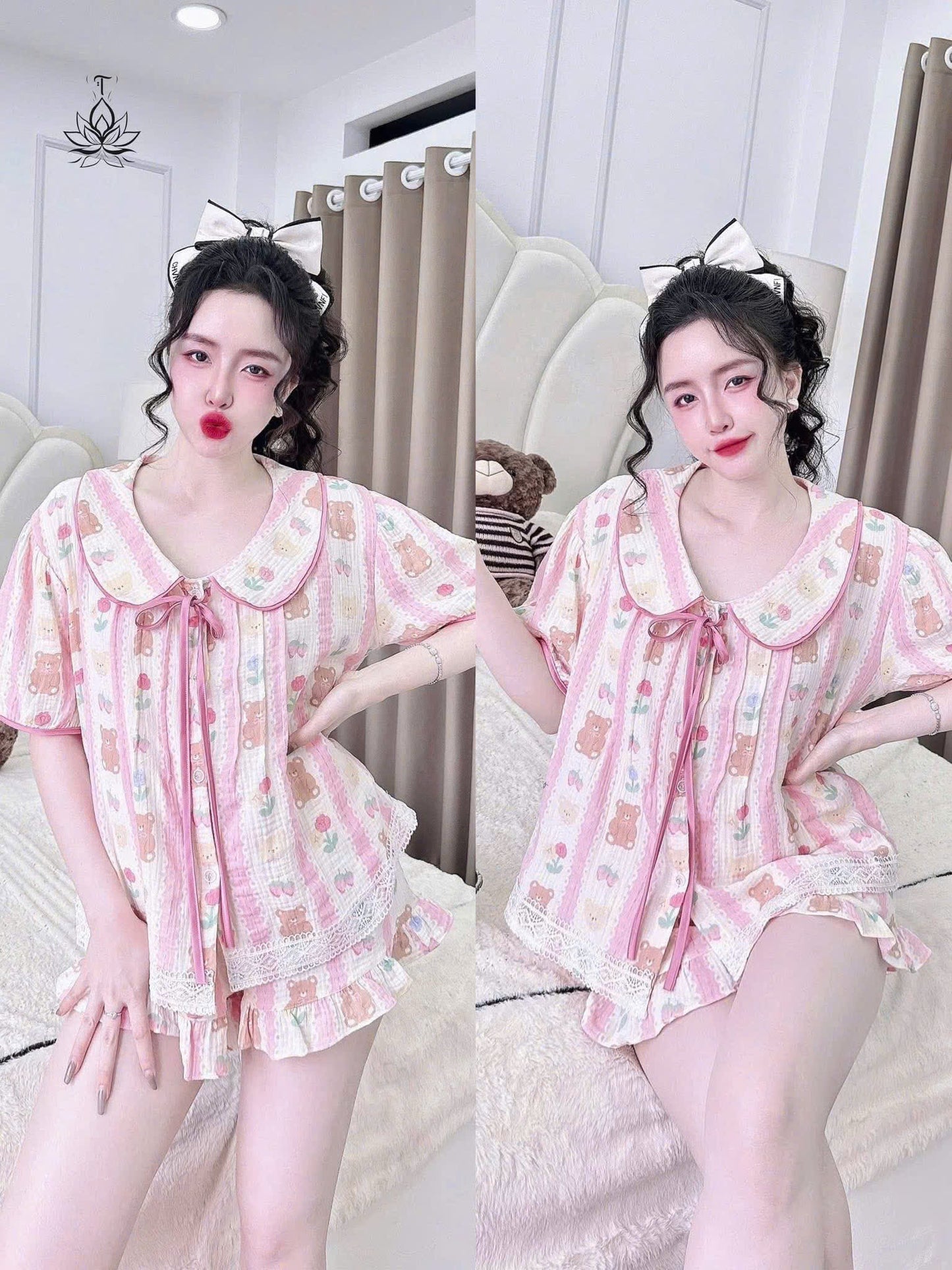 Bộ ngủ đùi cổ sen cột nơ dưới 60kg