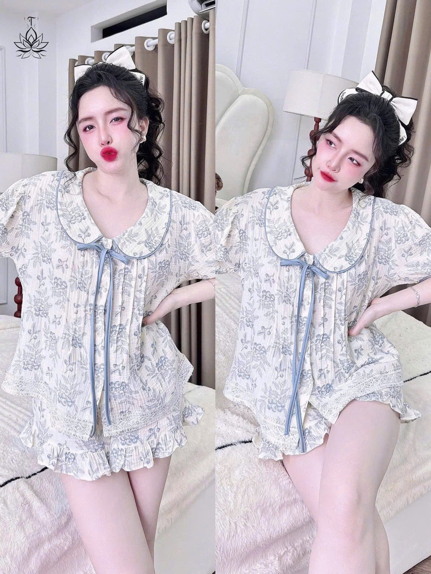 Bộ ngủ đùi cổ sen cột nơ dưới 60kg