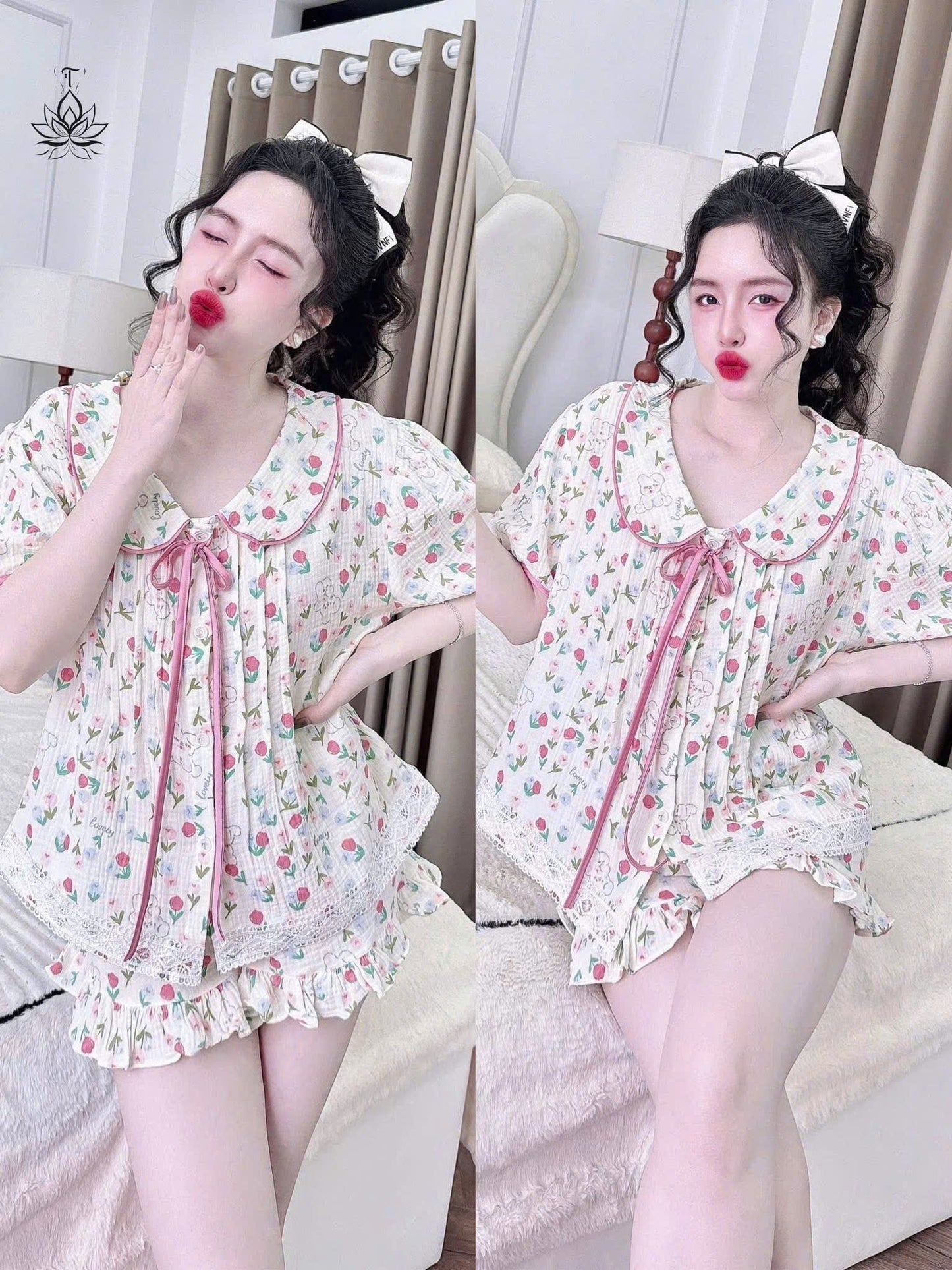 Bộ ngủ đùi cổ sen cột nơ dưới 60kg