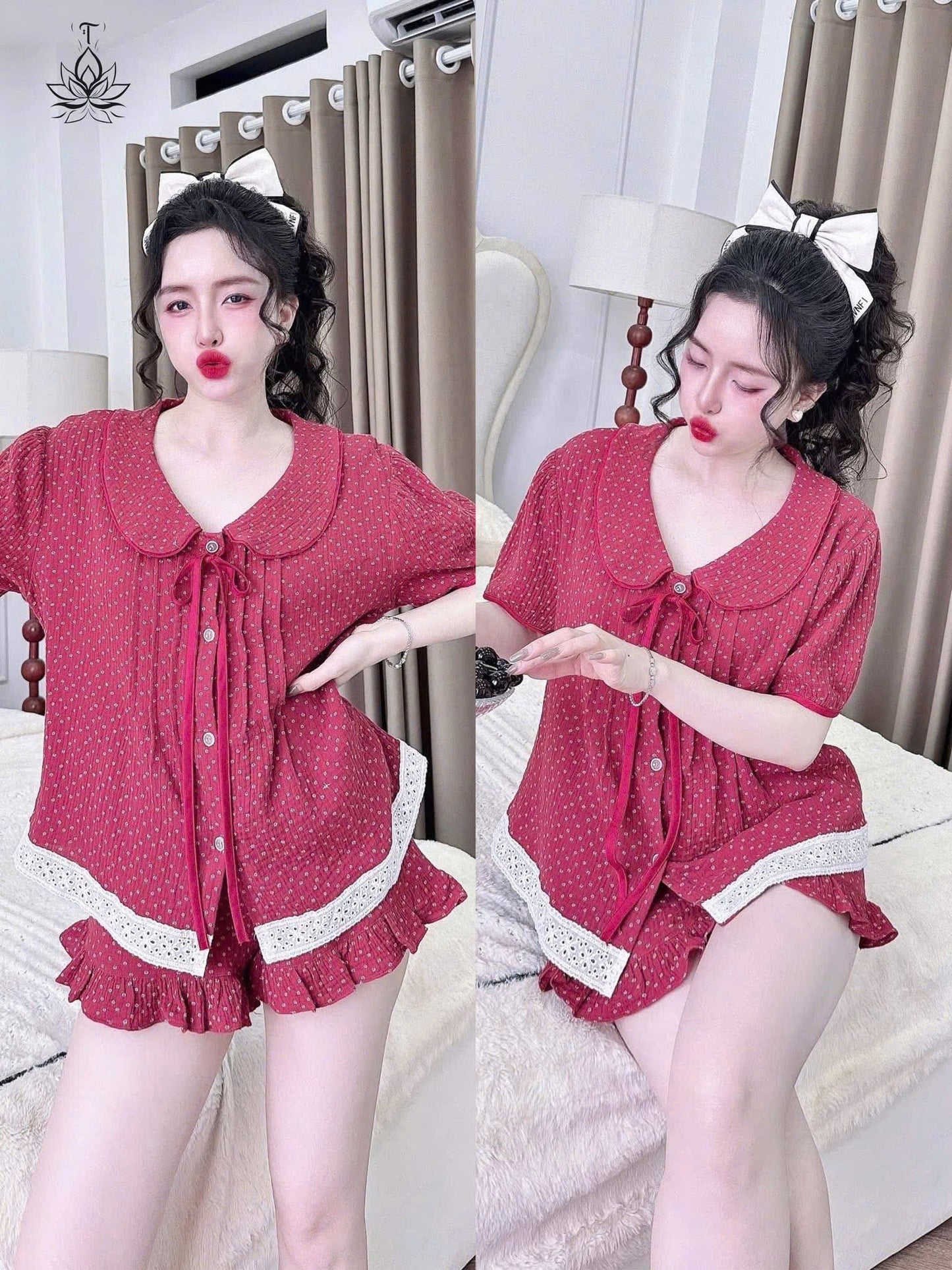 Bộ ngủ đùi cổ sen cột nơ dưới 60kg