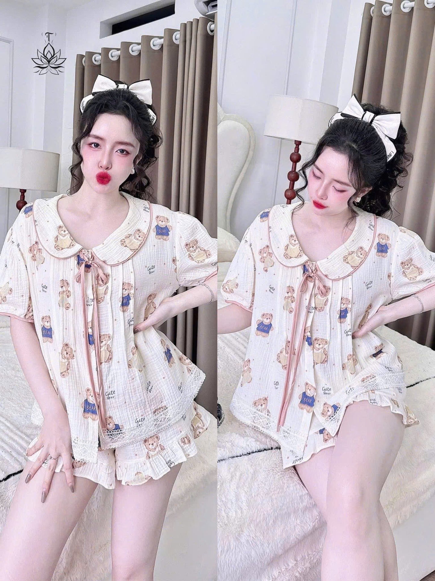 Bộ ngủ đùi cổ sen cột nơ dưới 60kg