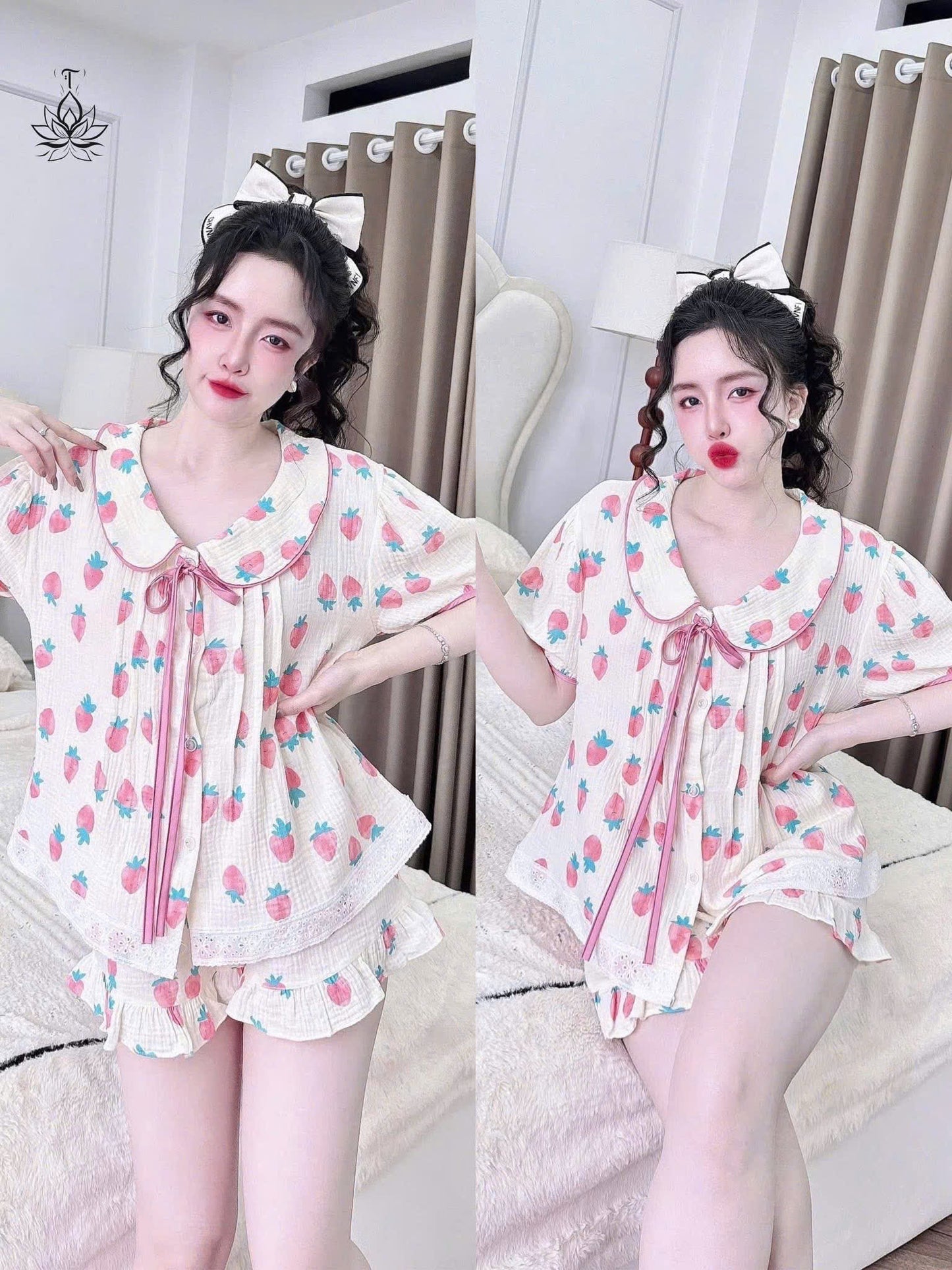 Bộ ngủ đùi cổ sen cột nơ dưới 60kg