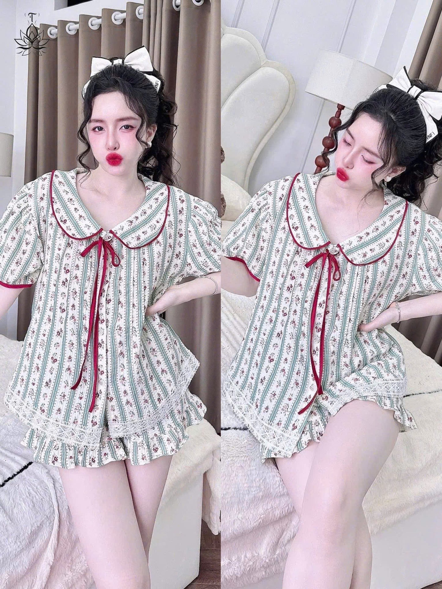 Bộ ngủ đùi cổ sen cột nơ dưới 60kg