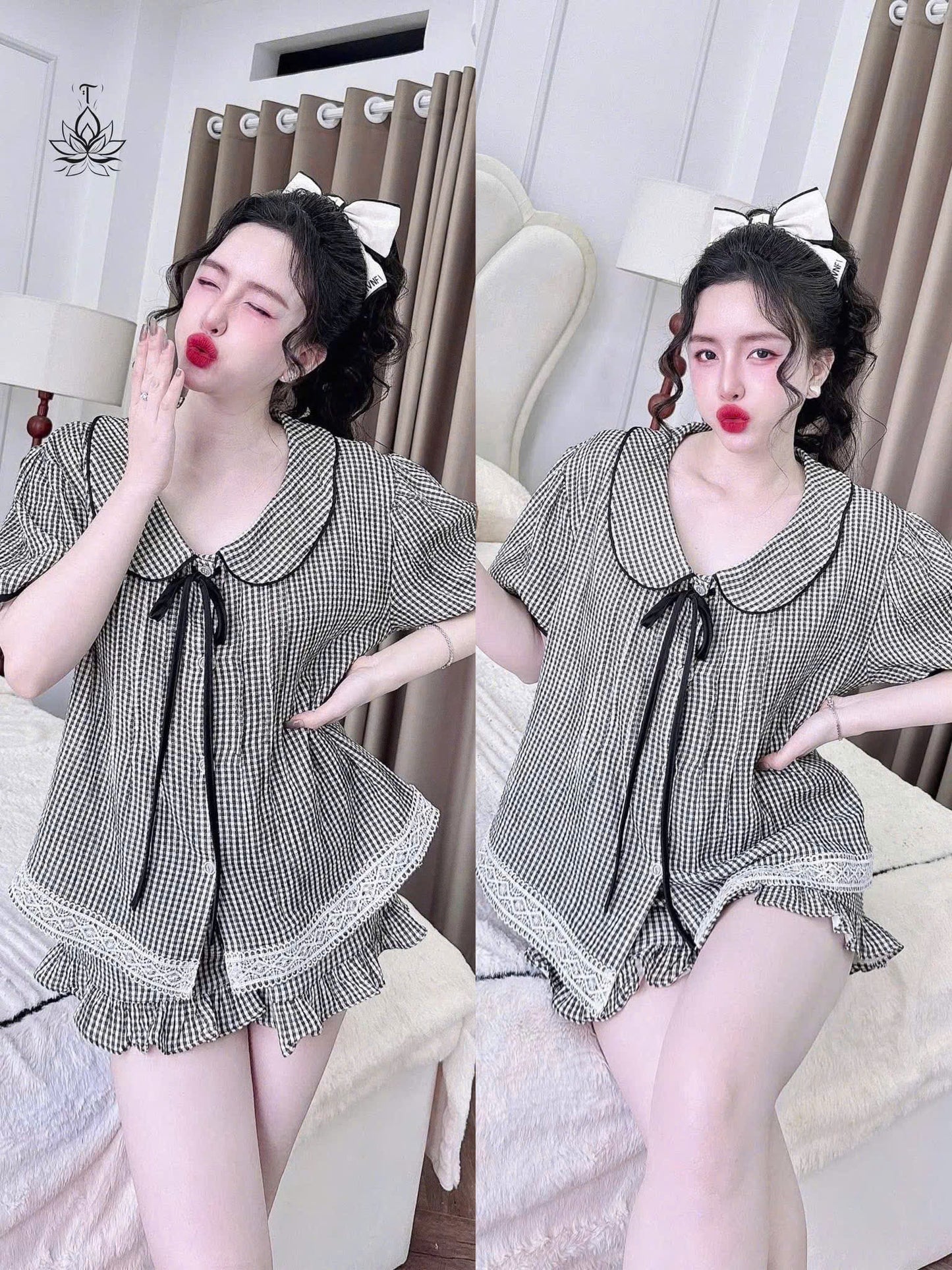 Bộ ngủ đùi cổ sen cột nơ dưới 60kg