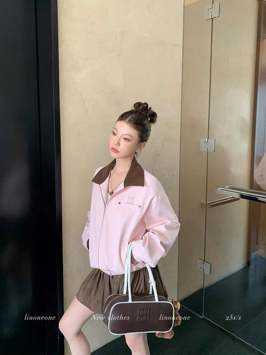 Áo khoác jacket hồng cổ nâu