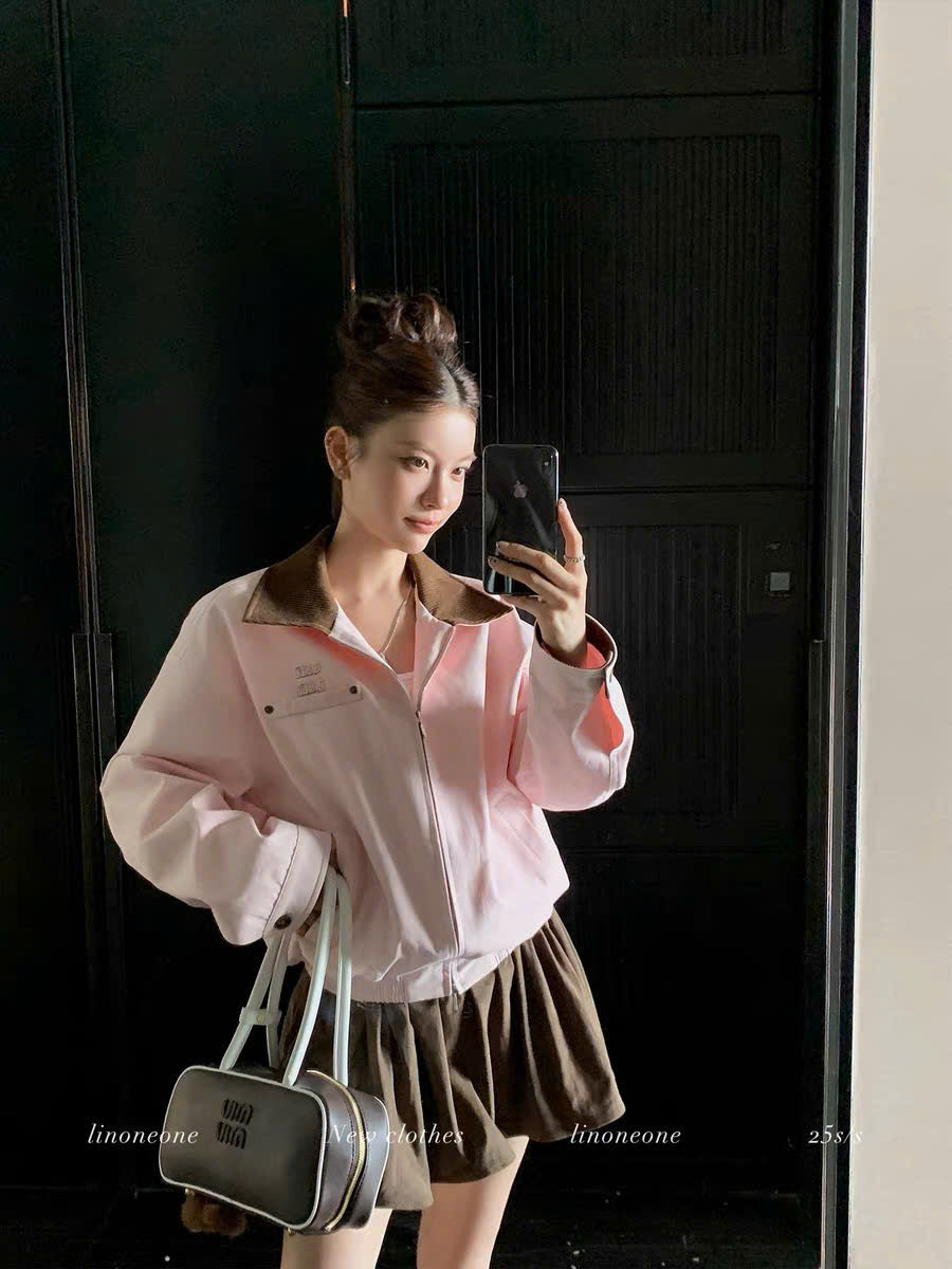 Áo khoác jacket hồng cổ nâu