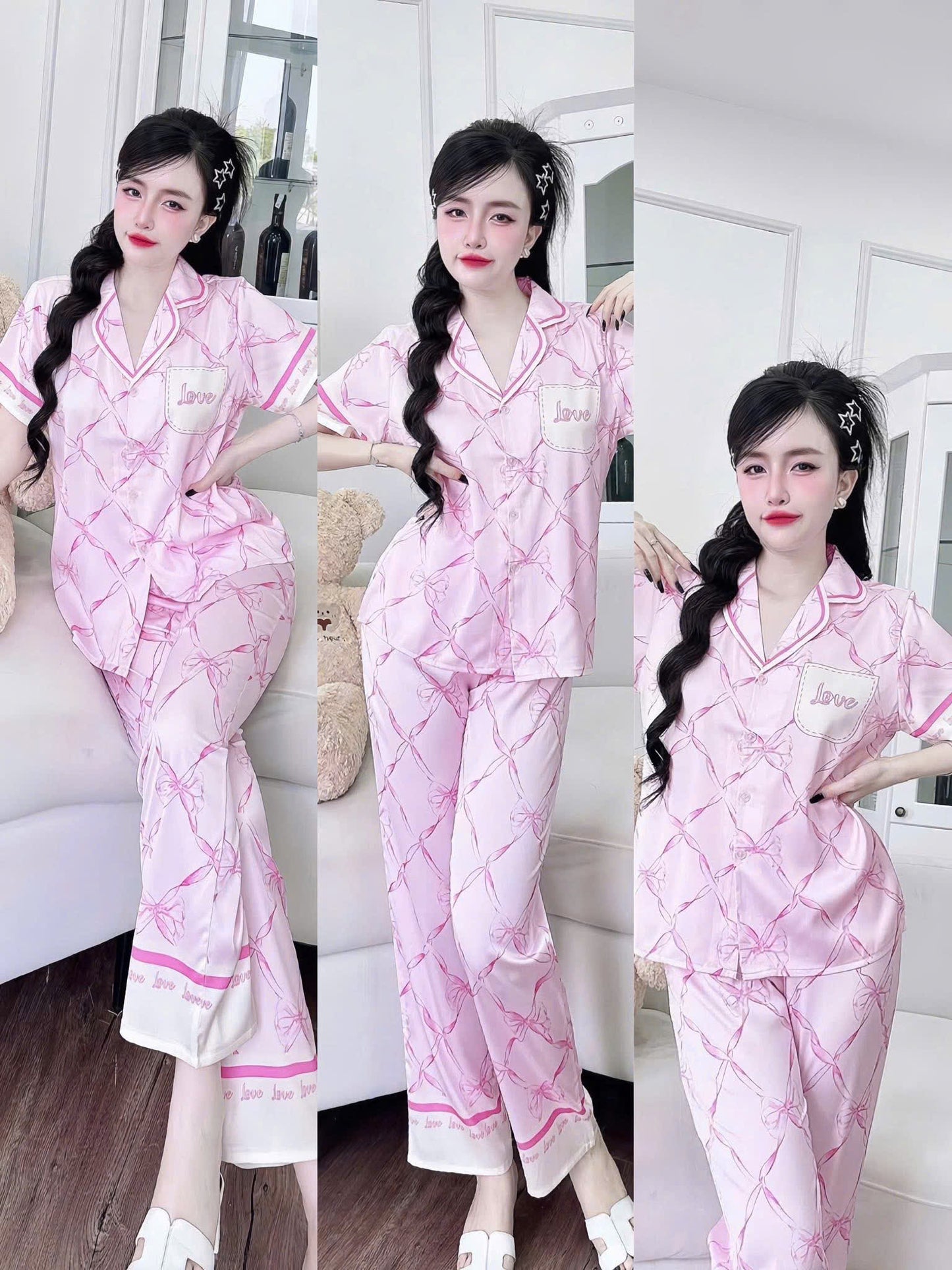 Bộ ngủ tay ngắn quần dài Flamingo lụa latin dưới 60kg