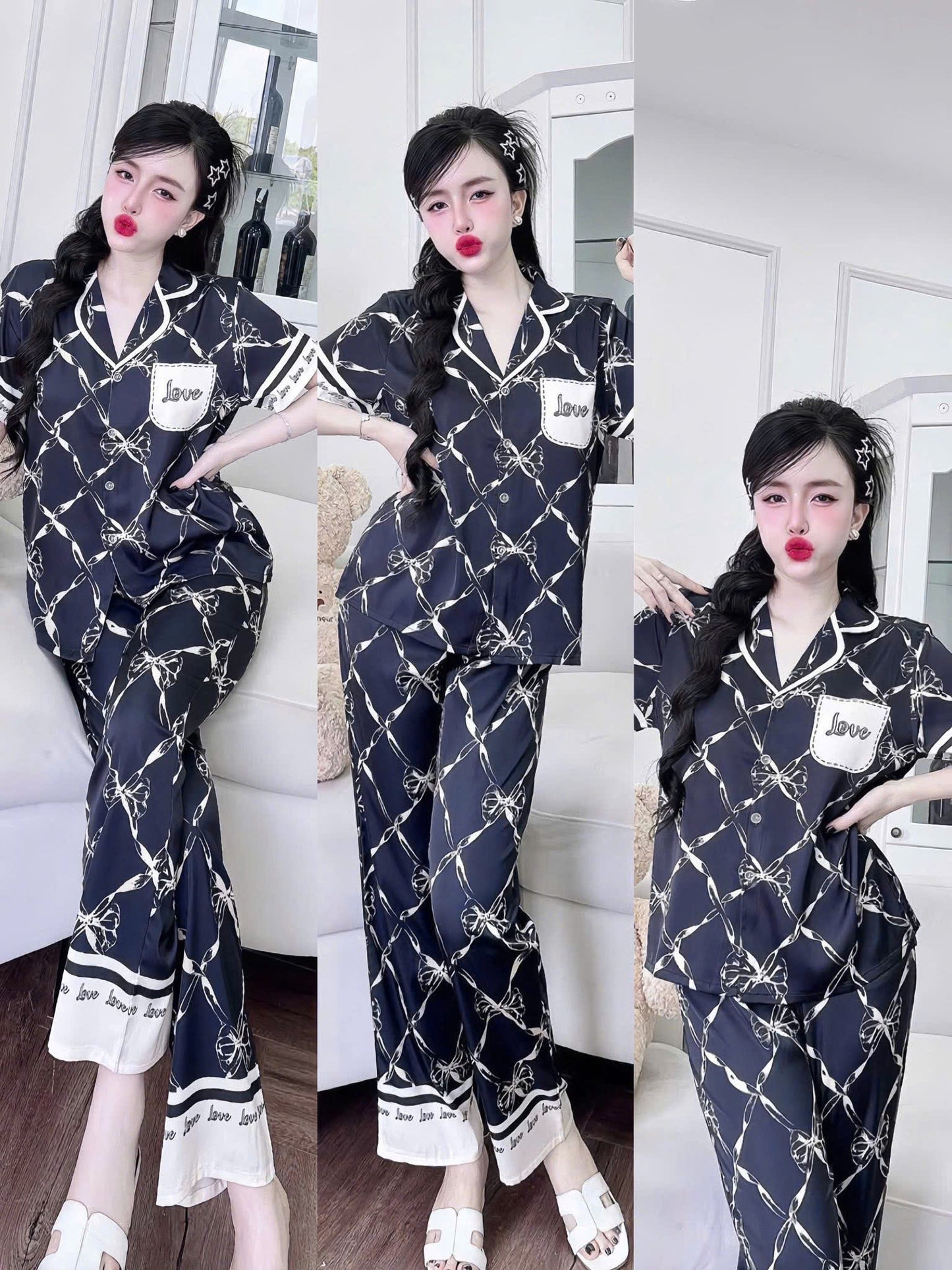 Bộ ngủ tay ngắn quần dài Flamingo lụa latin dưới 60kg