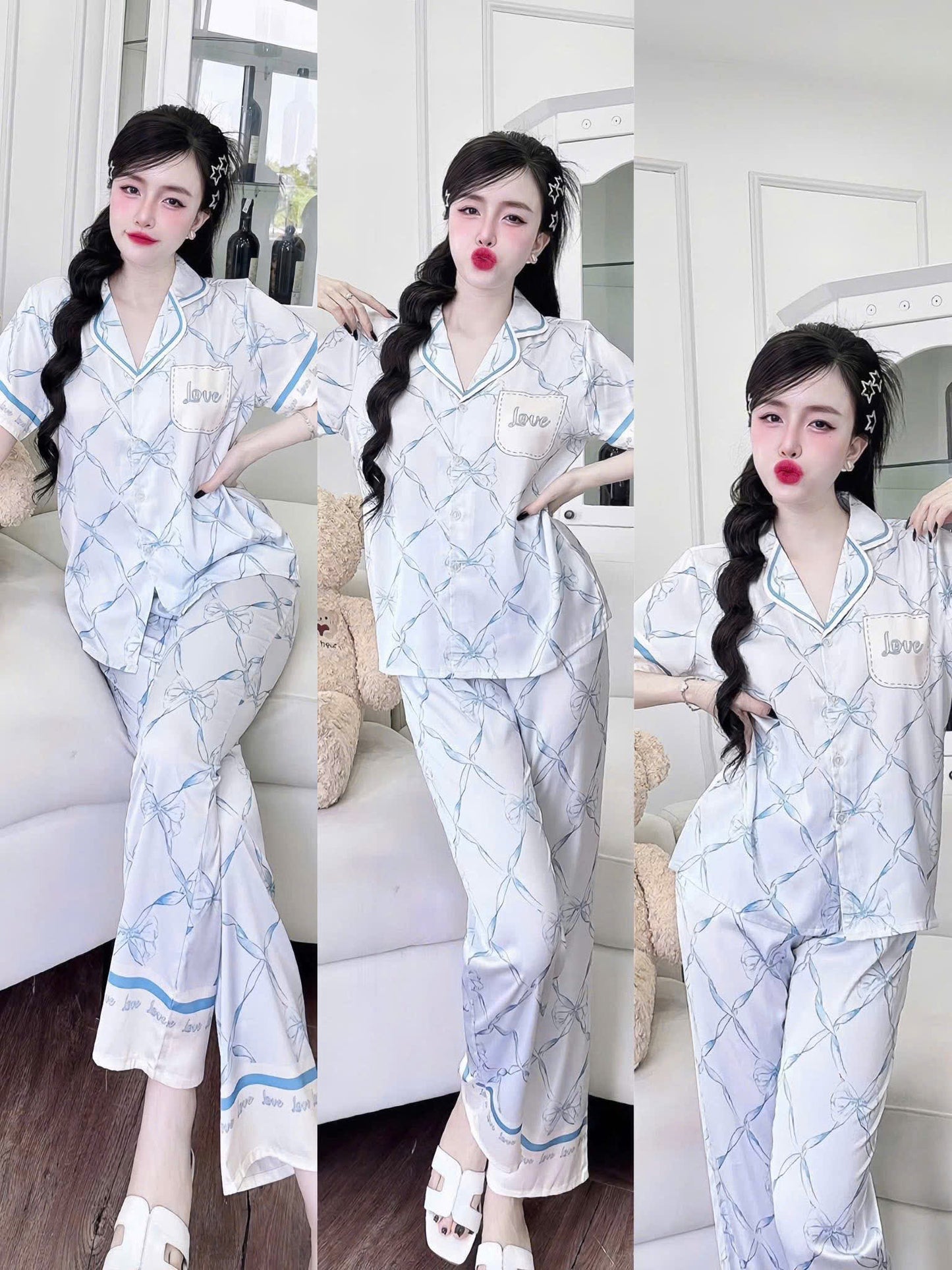 Bộ ngủ tay ngắn quần dài Flamingo lụa latin dưới 60kg