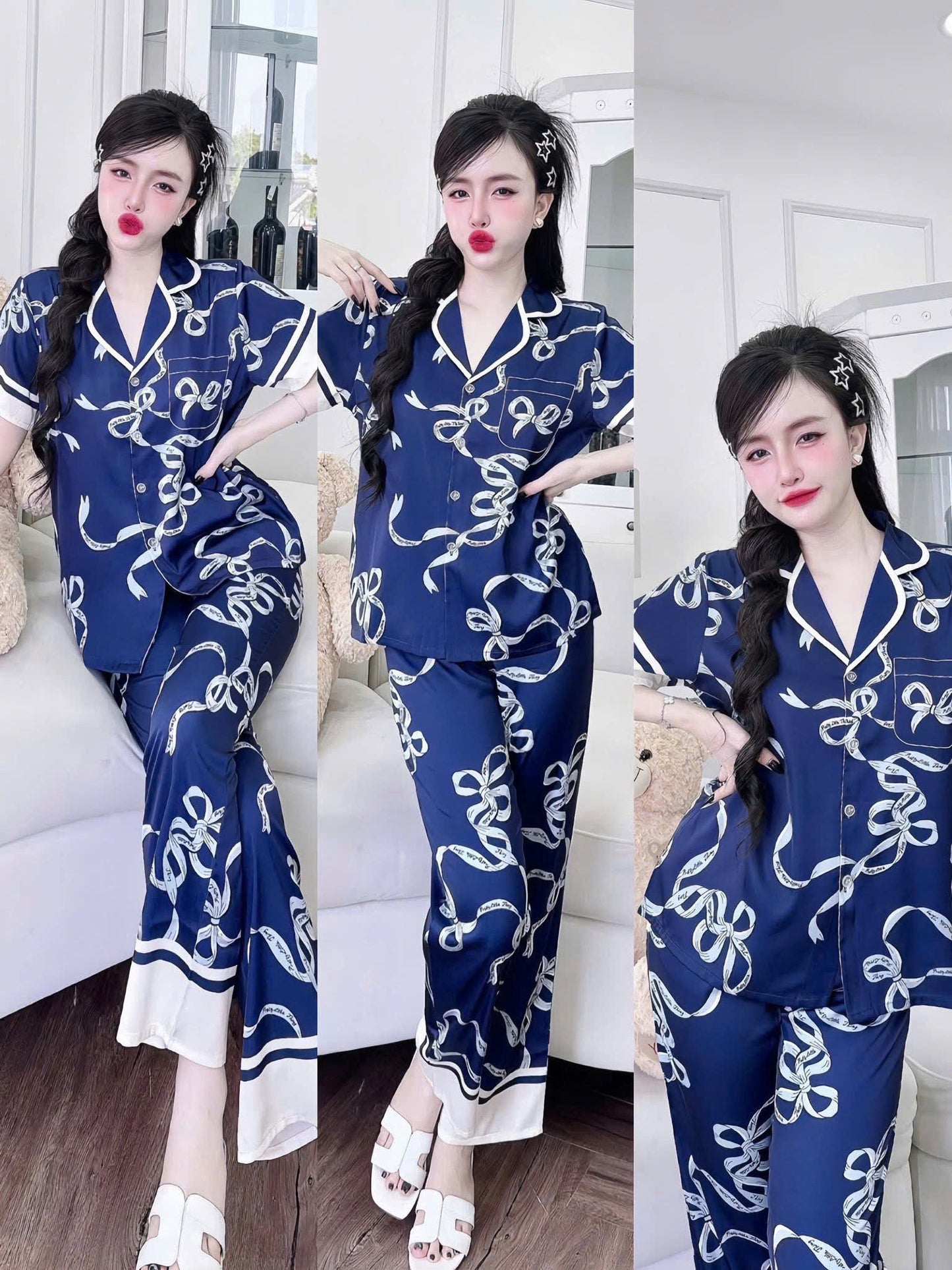 Bộ ngủ tay ngắn quần dài Flamingo lụa latin dưới 60kg