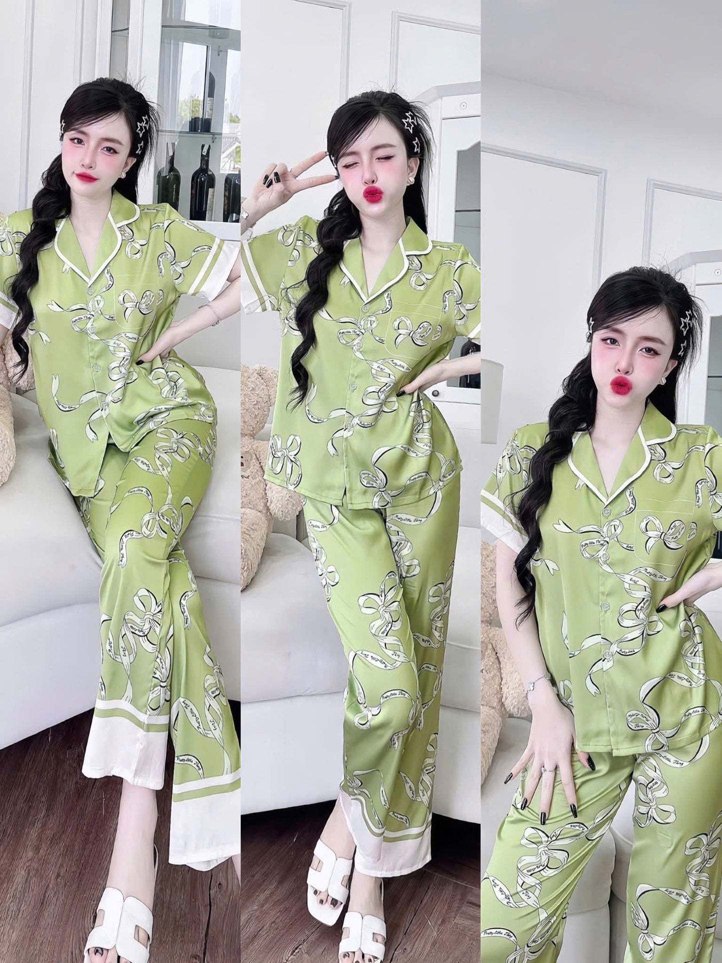 Bộ ngủ tay ngắn quần dài Flamingo lụa latin dưới 60kg