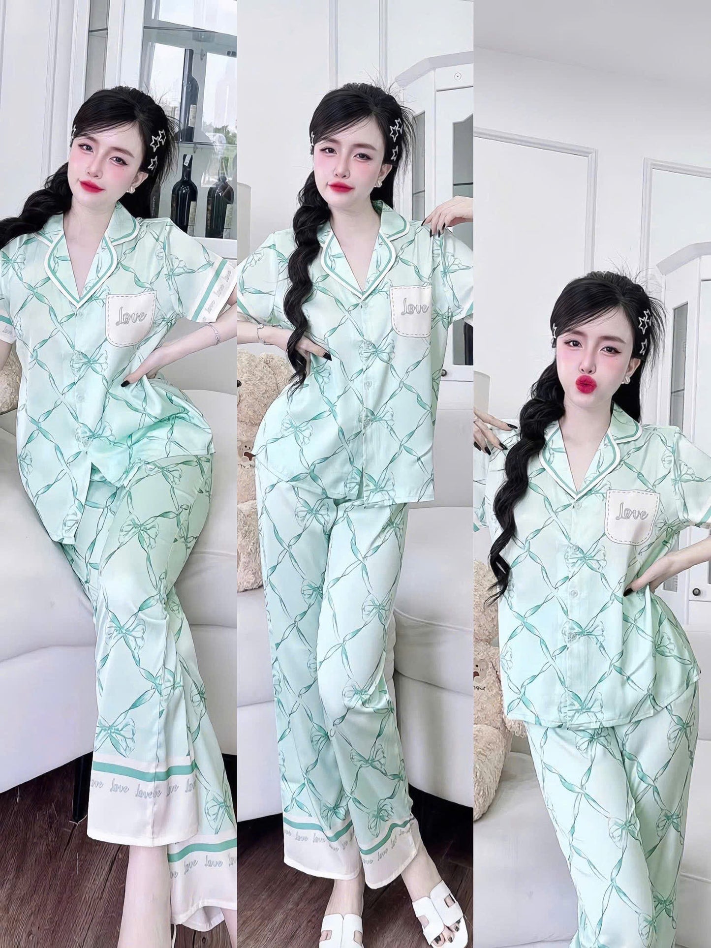 Bộ ngủ tay ngắn quần dài Flamingo lụa latin dưới 60kg