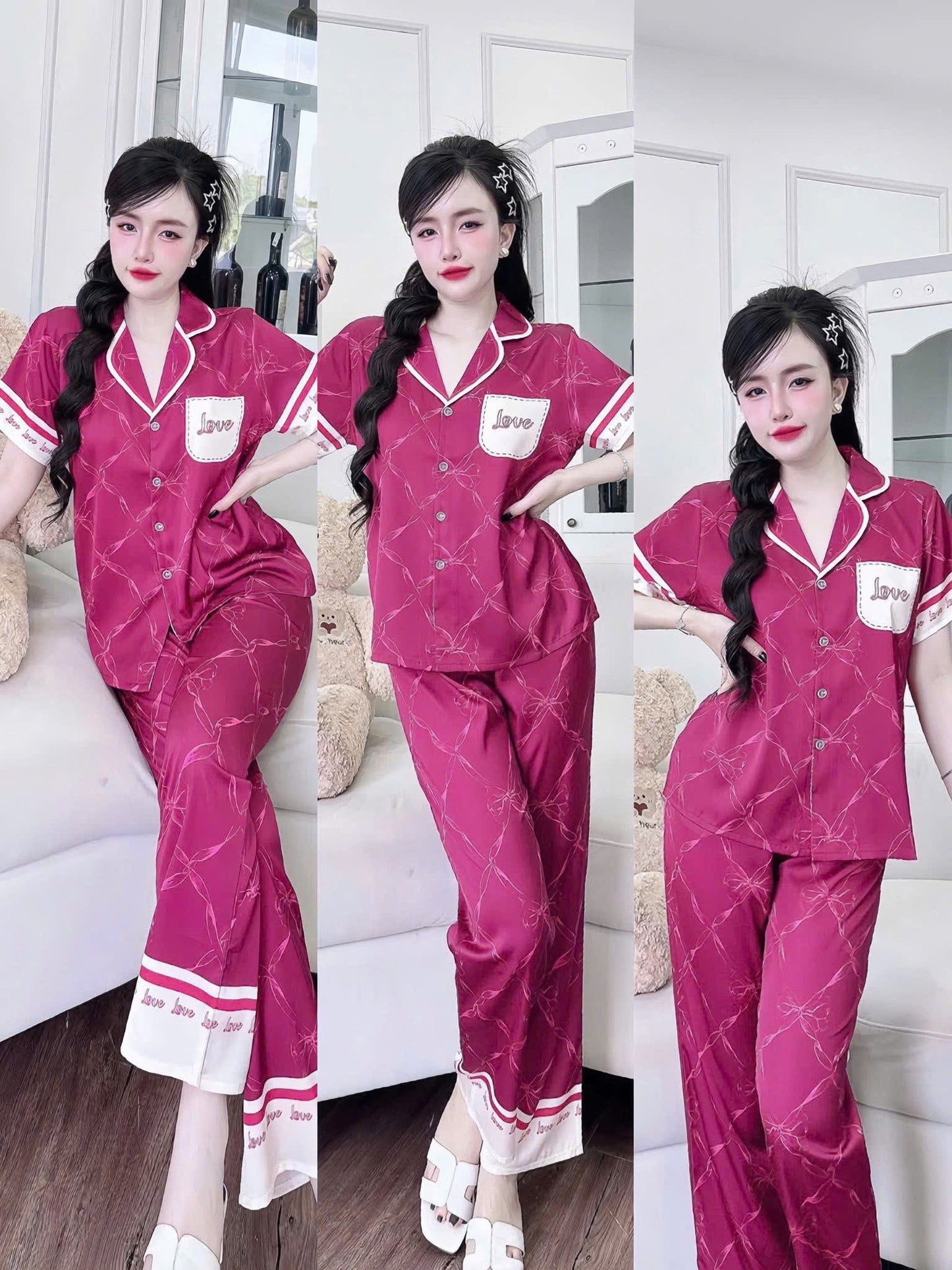 Bộ ngủ tay ngắn quần dài Flamingo lụa latin dưới 60kg