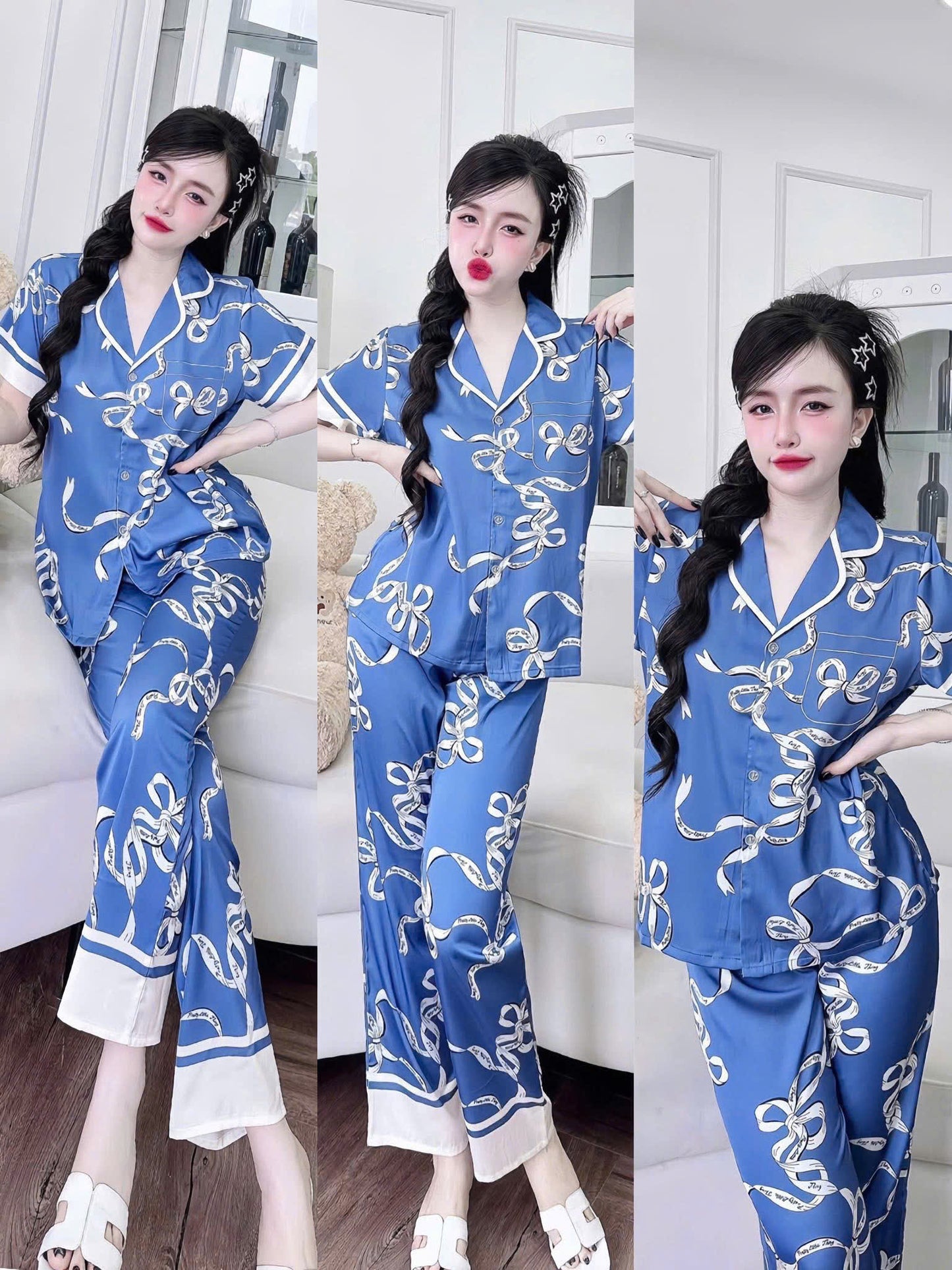 Bộ ngủ tay ngắn quần dài Flamingo lụa latin dưới 60kg