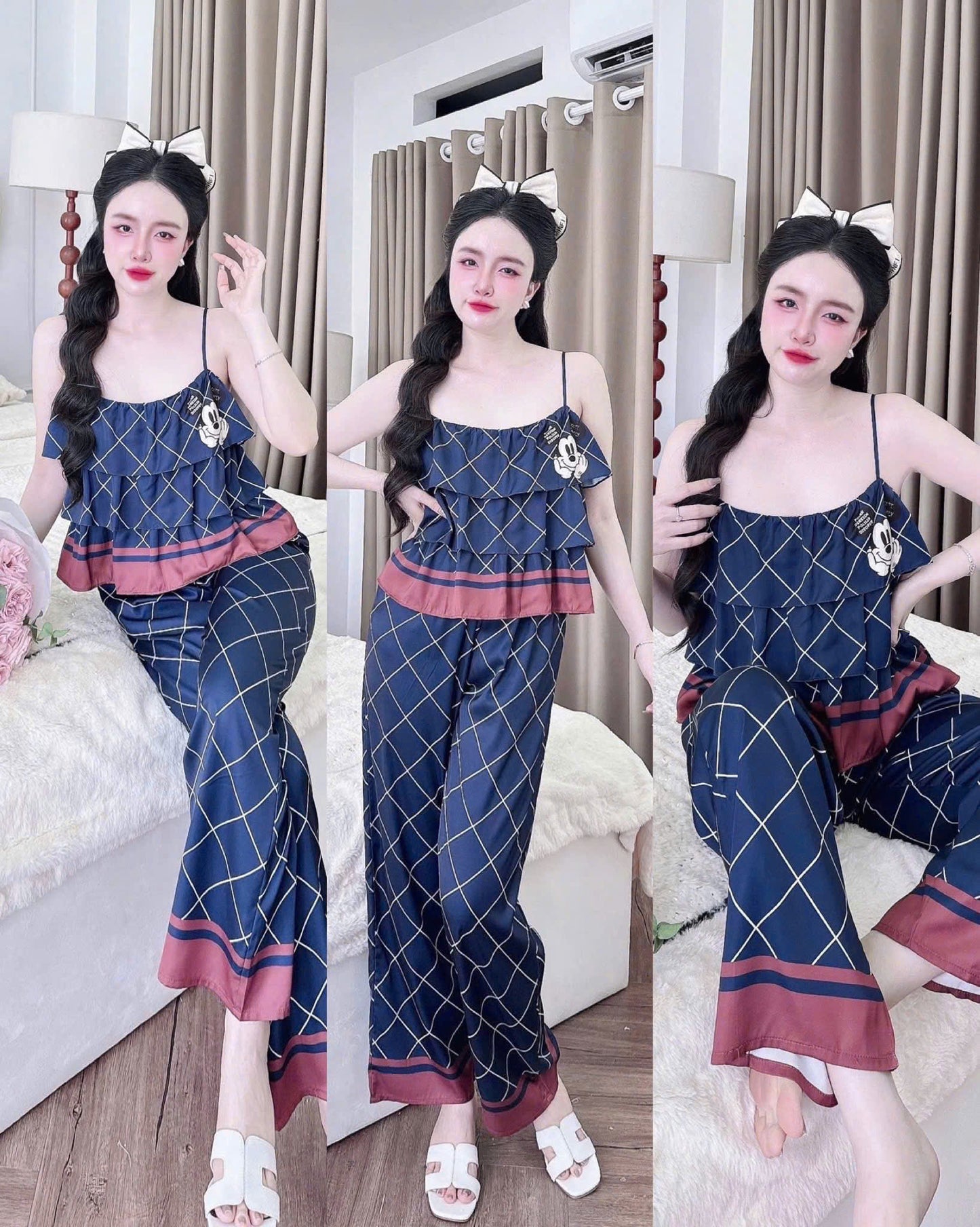 Bộ ngủ áo 2 dầy 3 tầng quần dài new lụa latin dưới 60kg