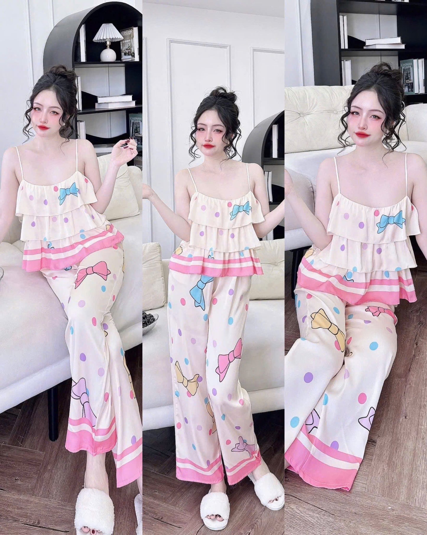 Bộ ngủ áo 2 dầy 3 tầng quần dài new lụa latin dưới 60kg