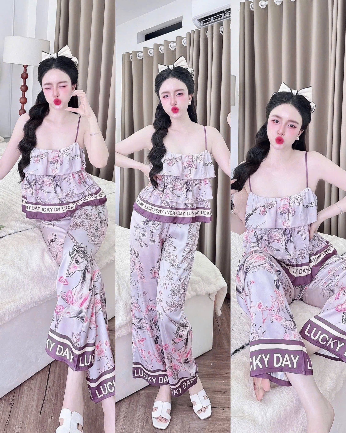 Bộ ngủ áo 2 dầy 3 tầng quần dài new lụa latin dưới 60kg