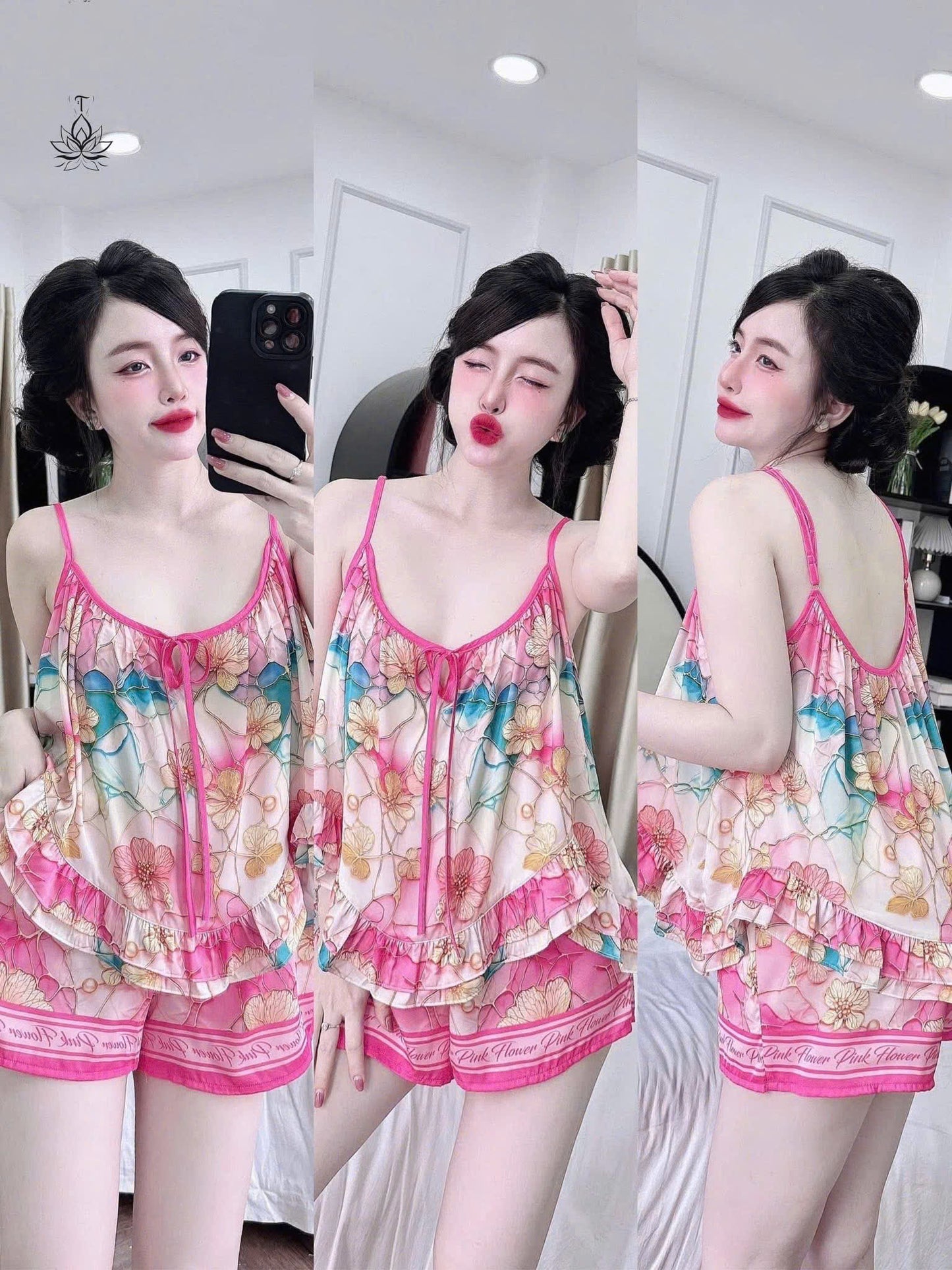 Bộ ngủ hoa 2 dây quần đùi lụa latin bèo đôi dưới 65kg
