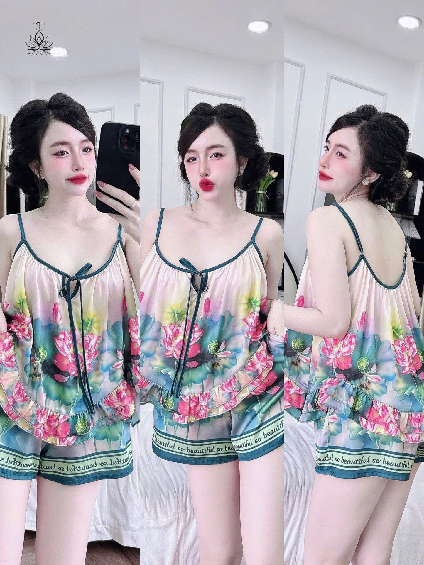 Bộ ngủ hoa 2 dây quần đùi lụa latin bèo đôi dưới 65kg