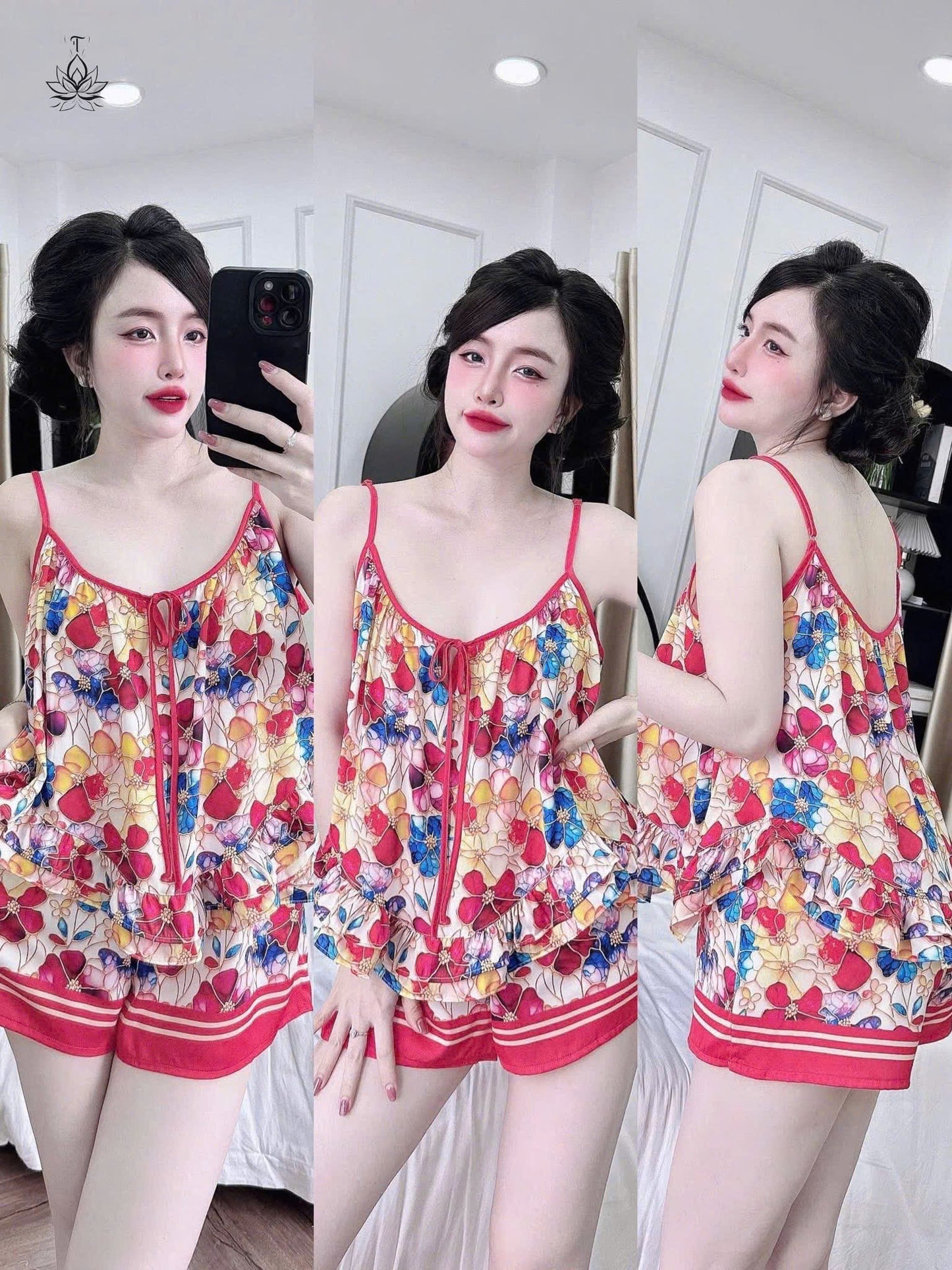 Bộ ngủ hoa 2 dây quần đùi lụa latin bèo đôi dưới 65kg